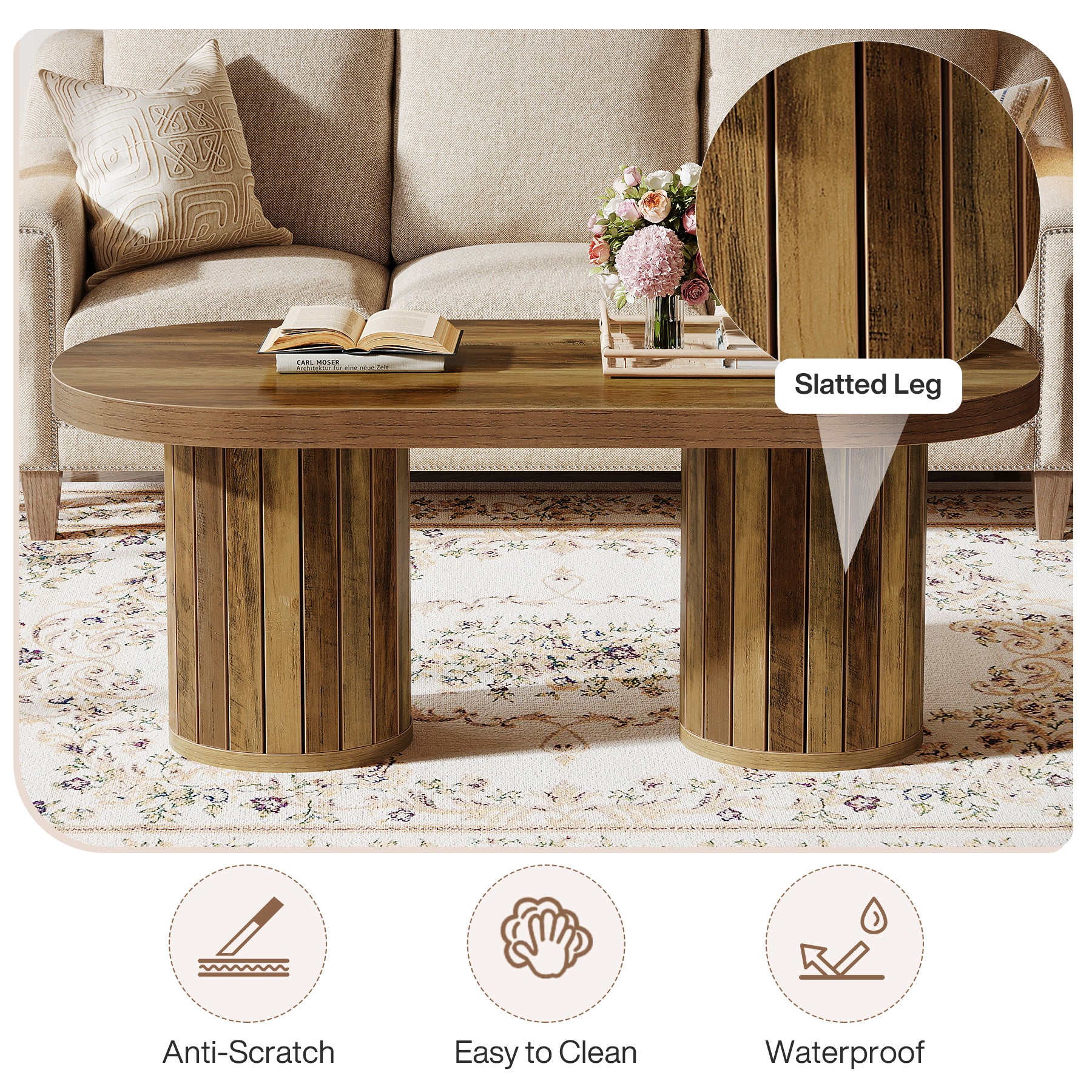 Oval Coffee Table, 47.2" Accent Center Table with Fluted Cylindrical Legs