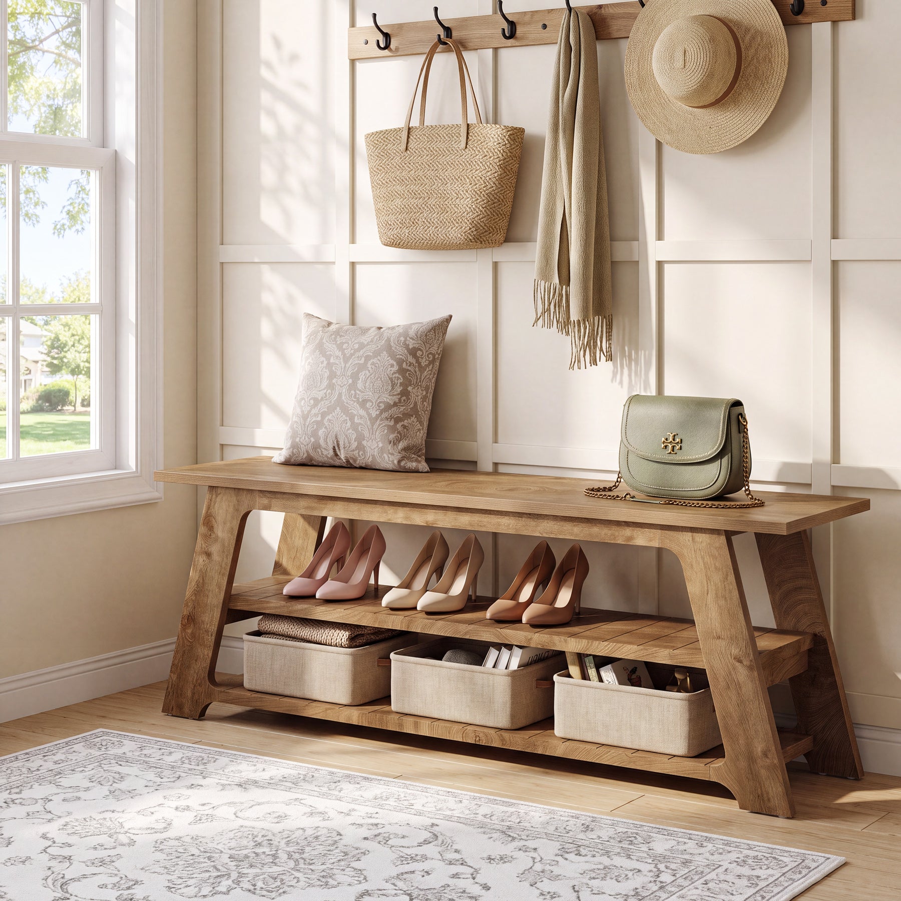 63" Entryway Shoe Storage Bench, Hallway Seating Bench End of Bed Benches