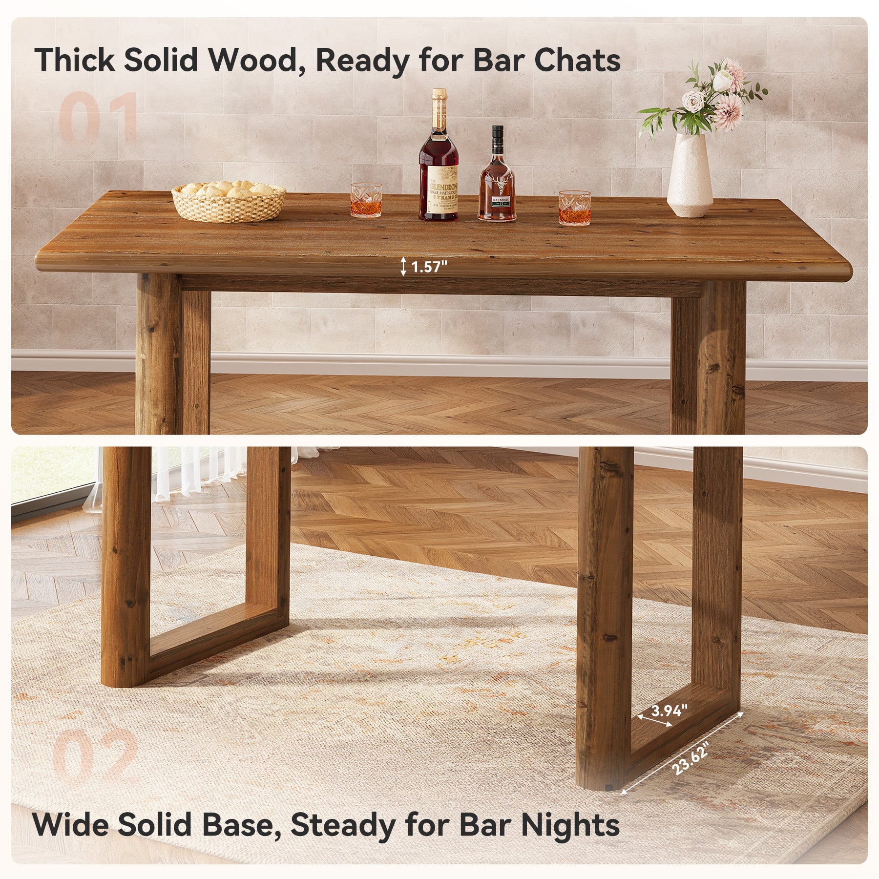 63" Solid Wood Dining Table for 4-6 People, Rectangle Kitchen Table with U-Shaped Legs