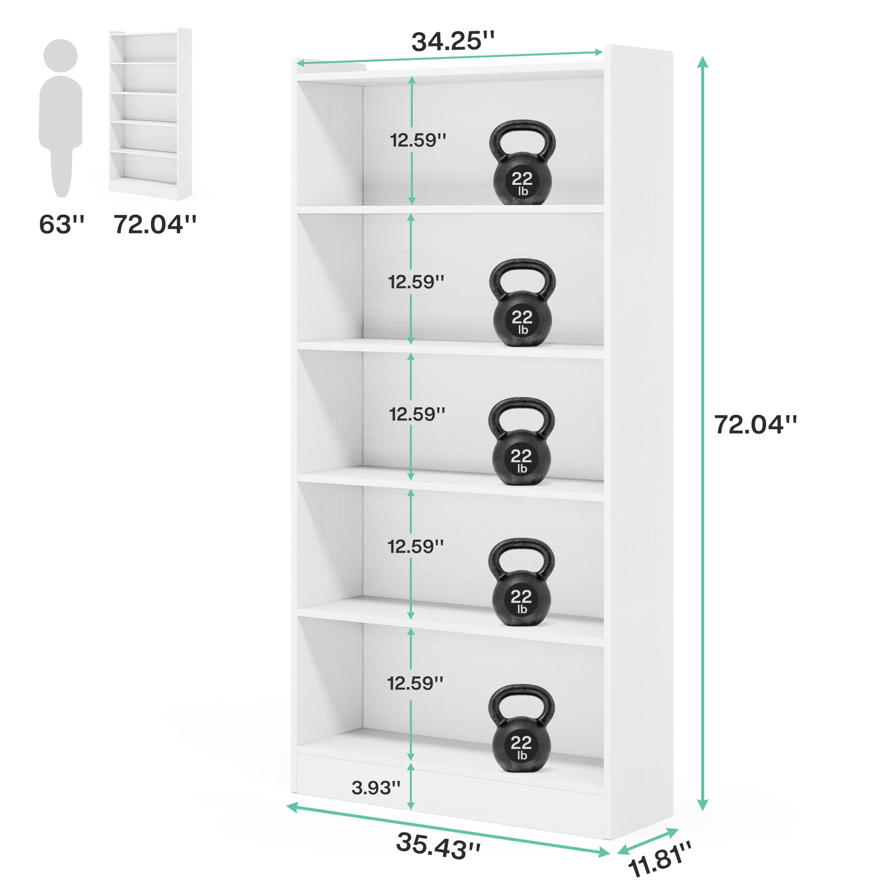 72" Tall Bookcase with 6 Open Shelves, Freestanding Wood Bookshelf