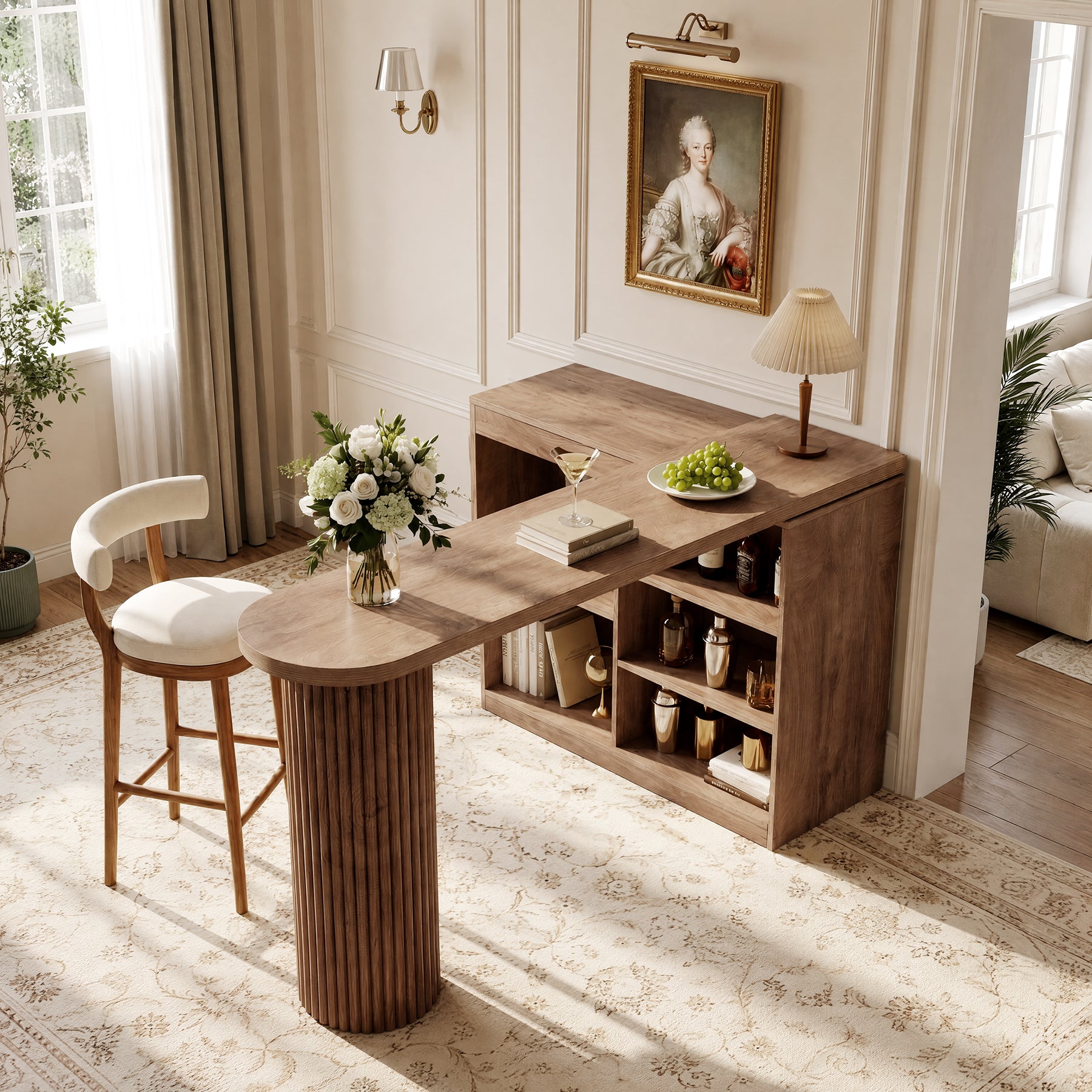 L-Shaped Bar Table with Rotatable Open Storage Shelves, 63" Counter-Height Pub Table for Kitchen