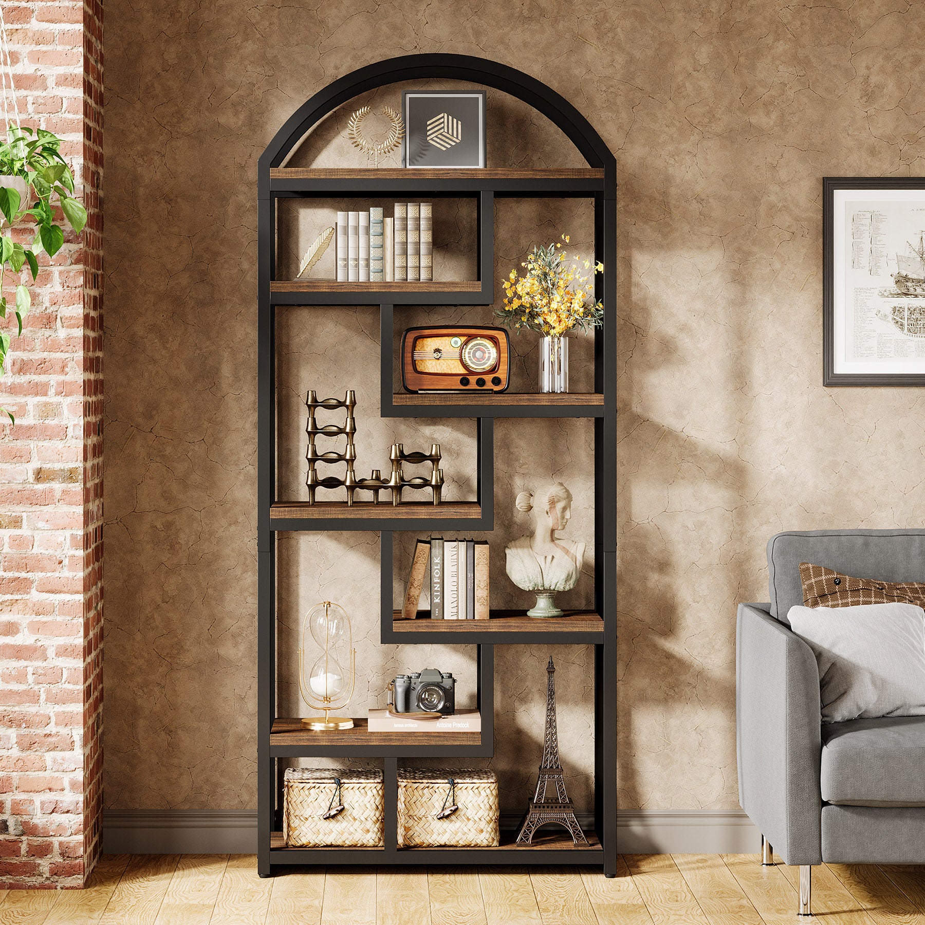 71" Industrial Bookshelf, Arched Bookcase with Open Display Shelves