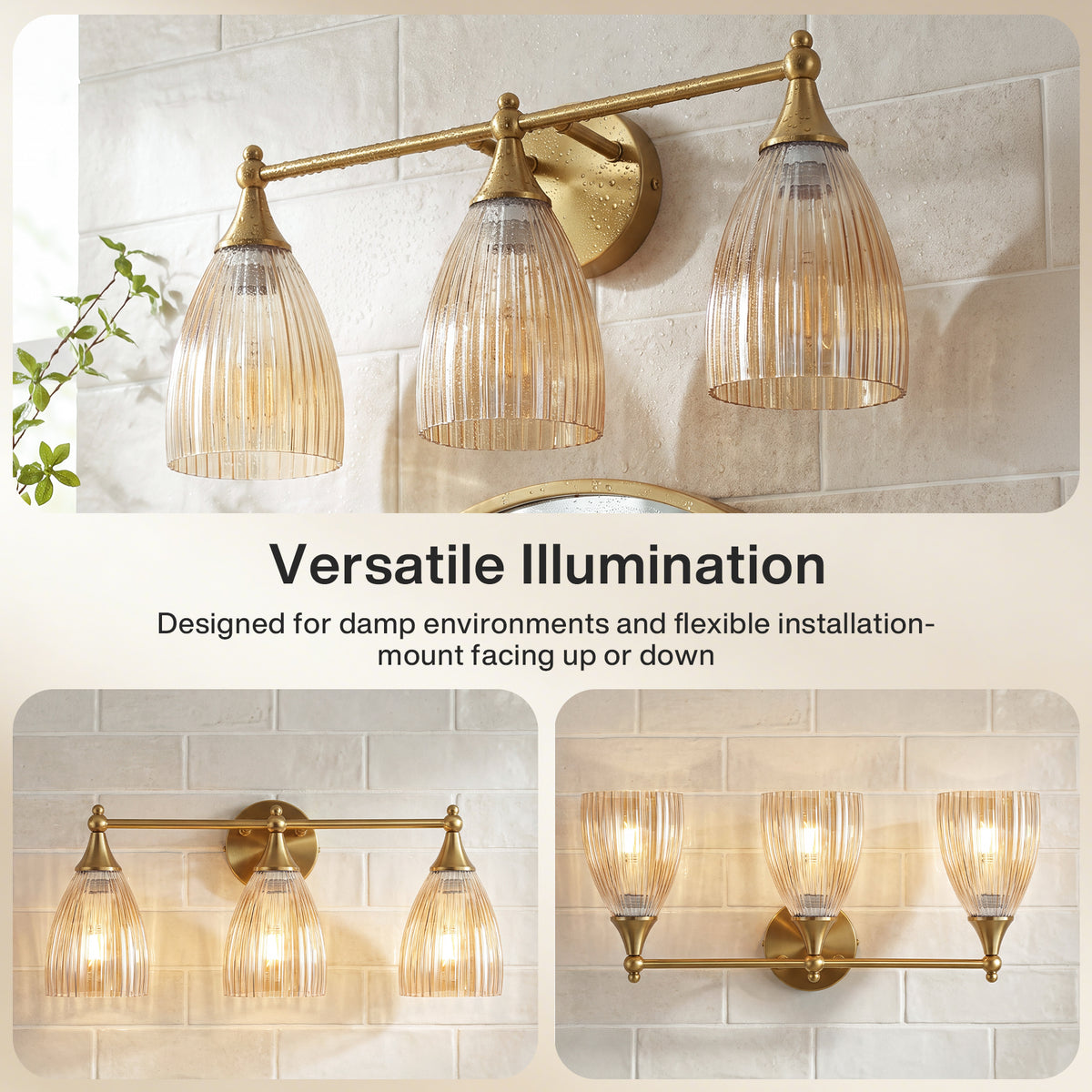 3-Light 22" Bathroom Vanity Light, Brushed Brass Wall Sconce with Amber Glass