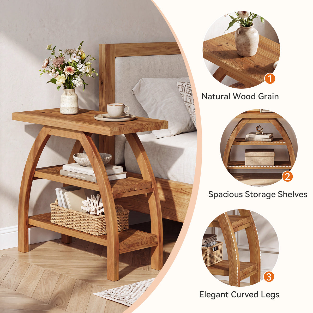 23.6" Solid Wood Nightstand with 3-Tier Shelf, Narrow Bedside Table with Arched Legs