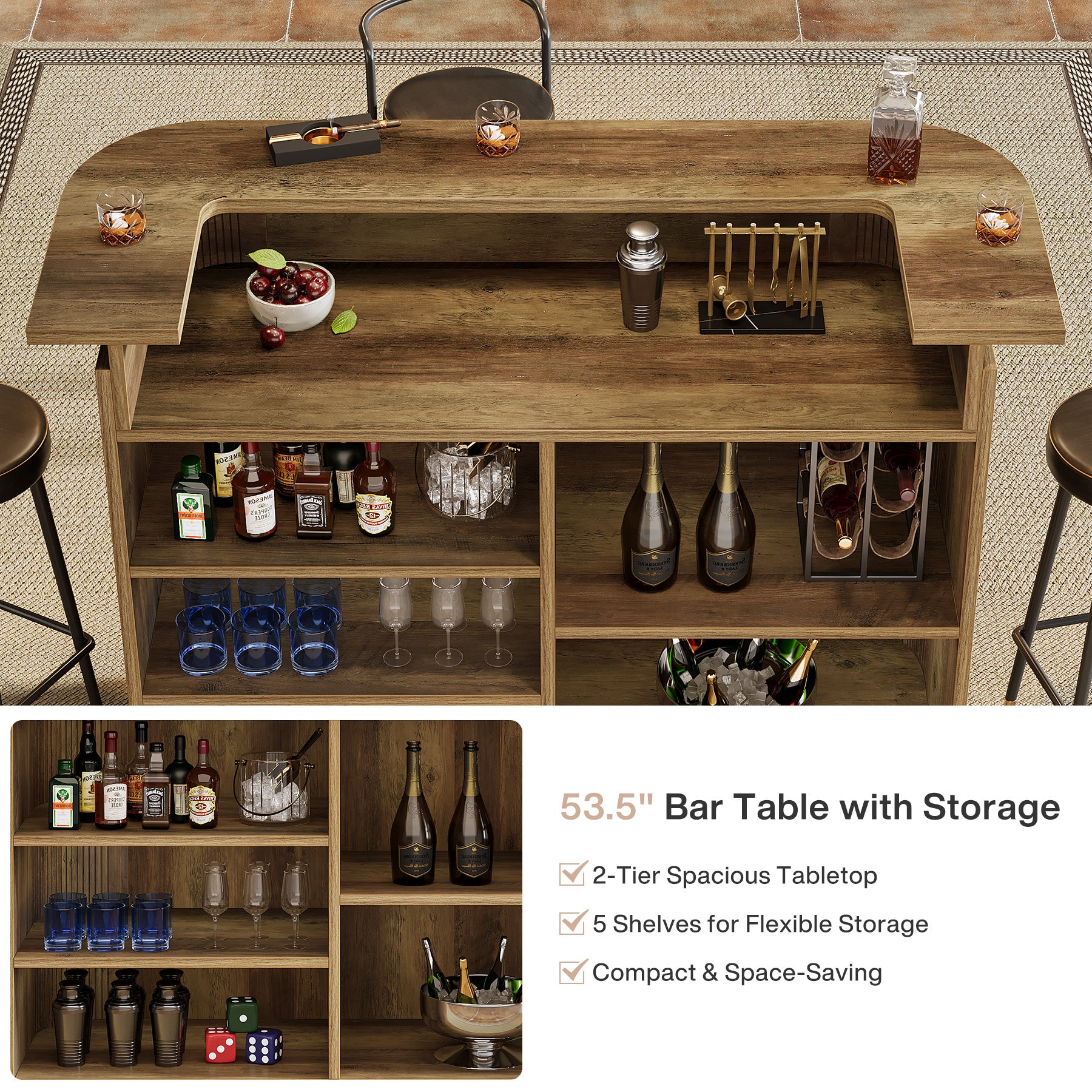53.5" Home Bar Table, 5-Tier U-Shaped Counter Height Pub Table with 5 Cubbies Storage