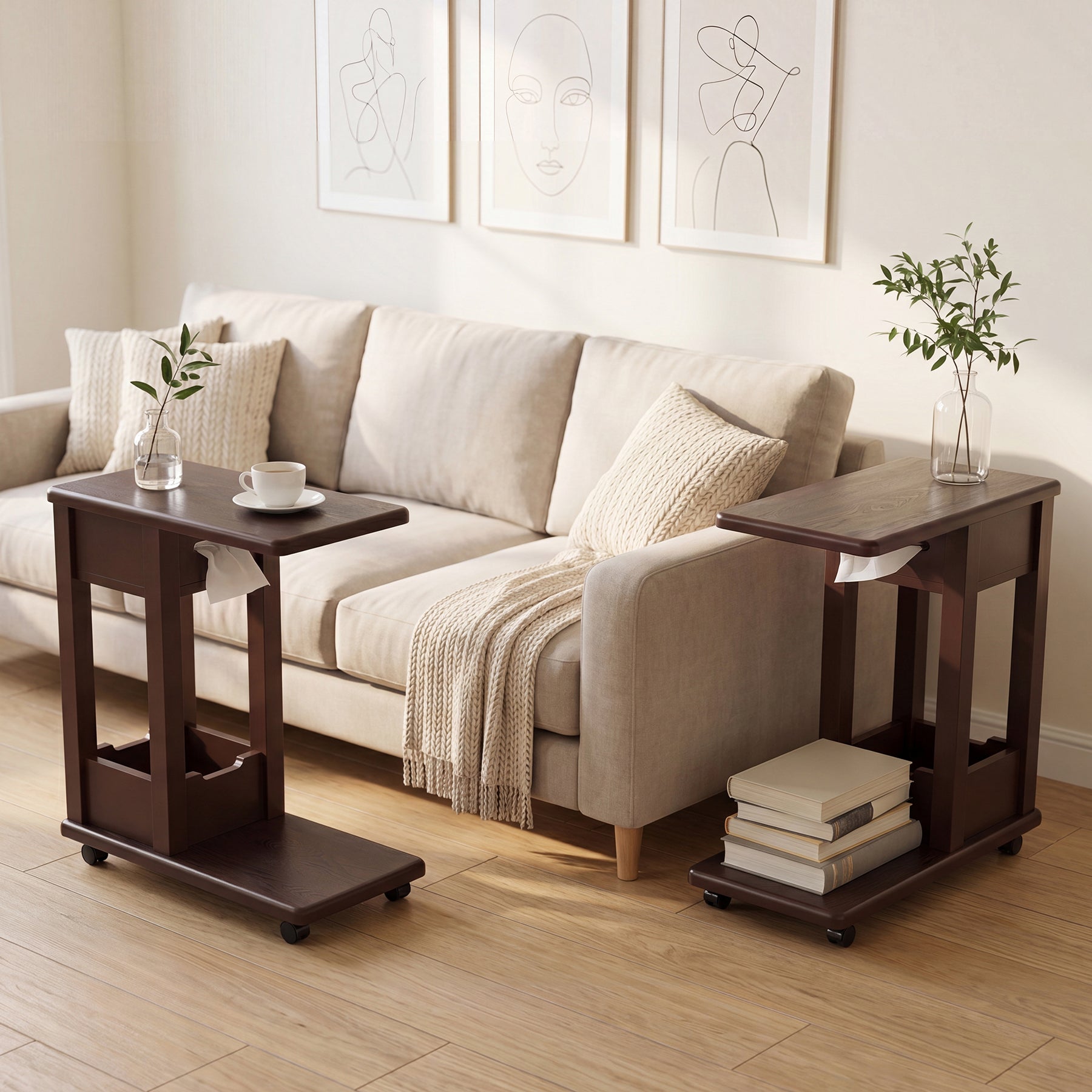 C-Shaped Side Table, 2-Tier Rolling Sofa End Table with Swivel & Lockable Casters