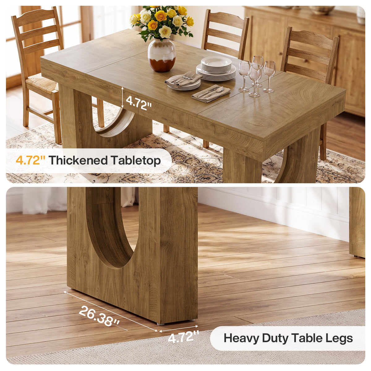 55" Farmhouse Dining Table for 4-6, Rectangular Kitchen Table with U-Shape Legs