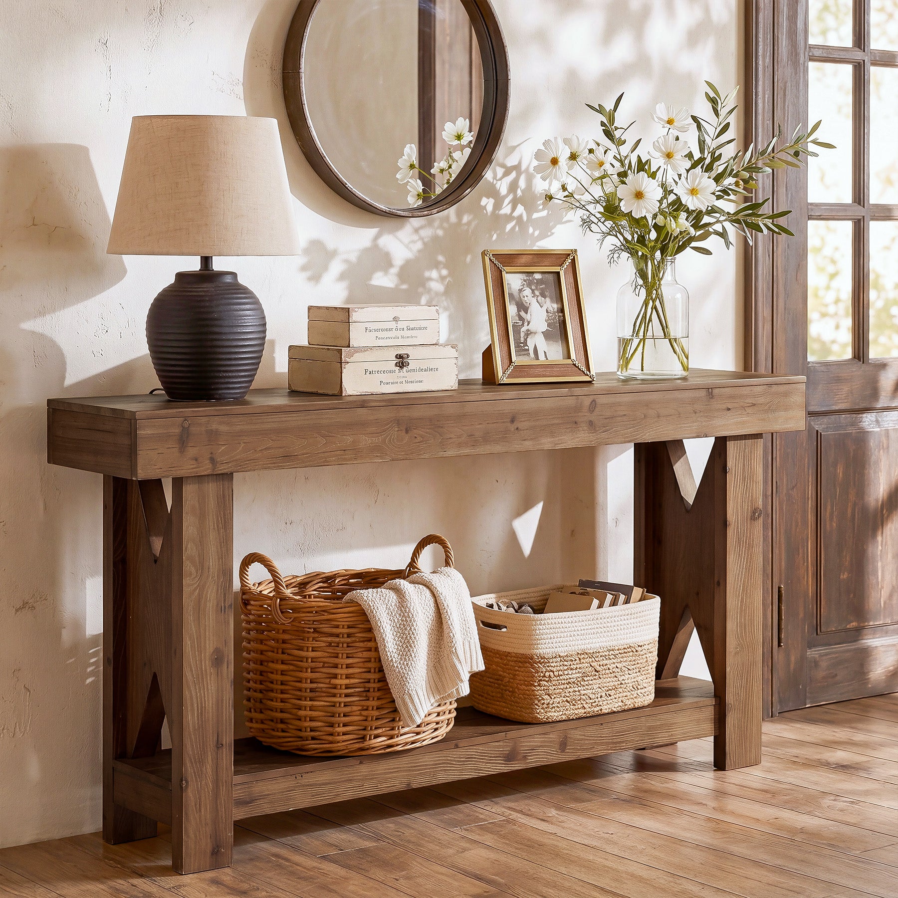 63" Solid Wood Console Table, 2-Tier Entryway Sofa Table with X-Shaped Support Frame