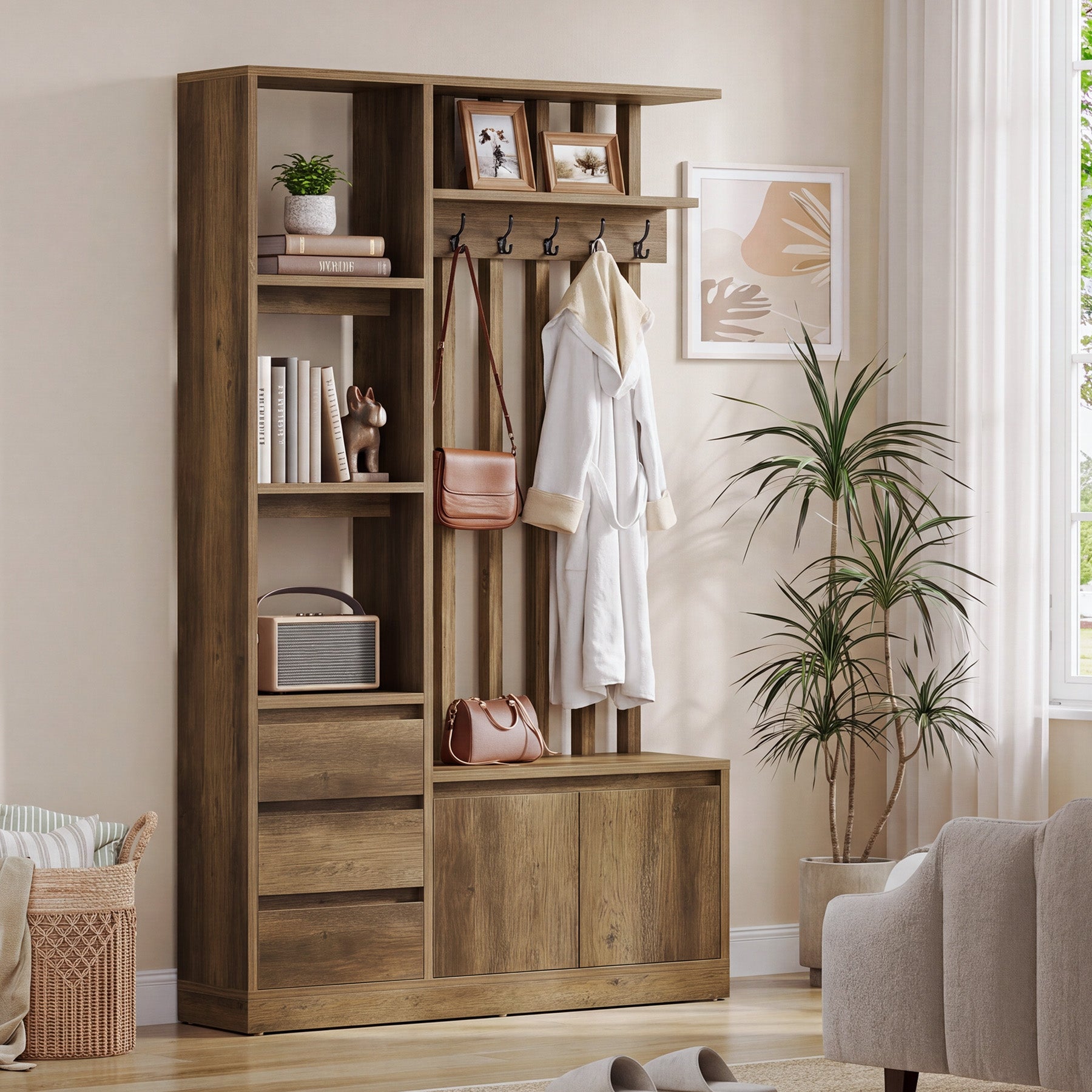 Hall Tree with Bench & Shoe Storage, Farmhouse 6 Hooks, 3 Shelves, 5 Shoe Cubbies, Entryway