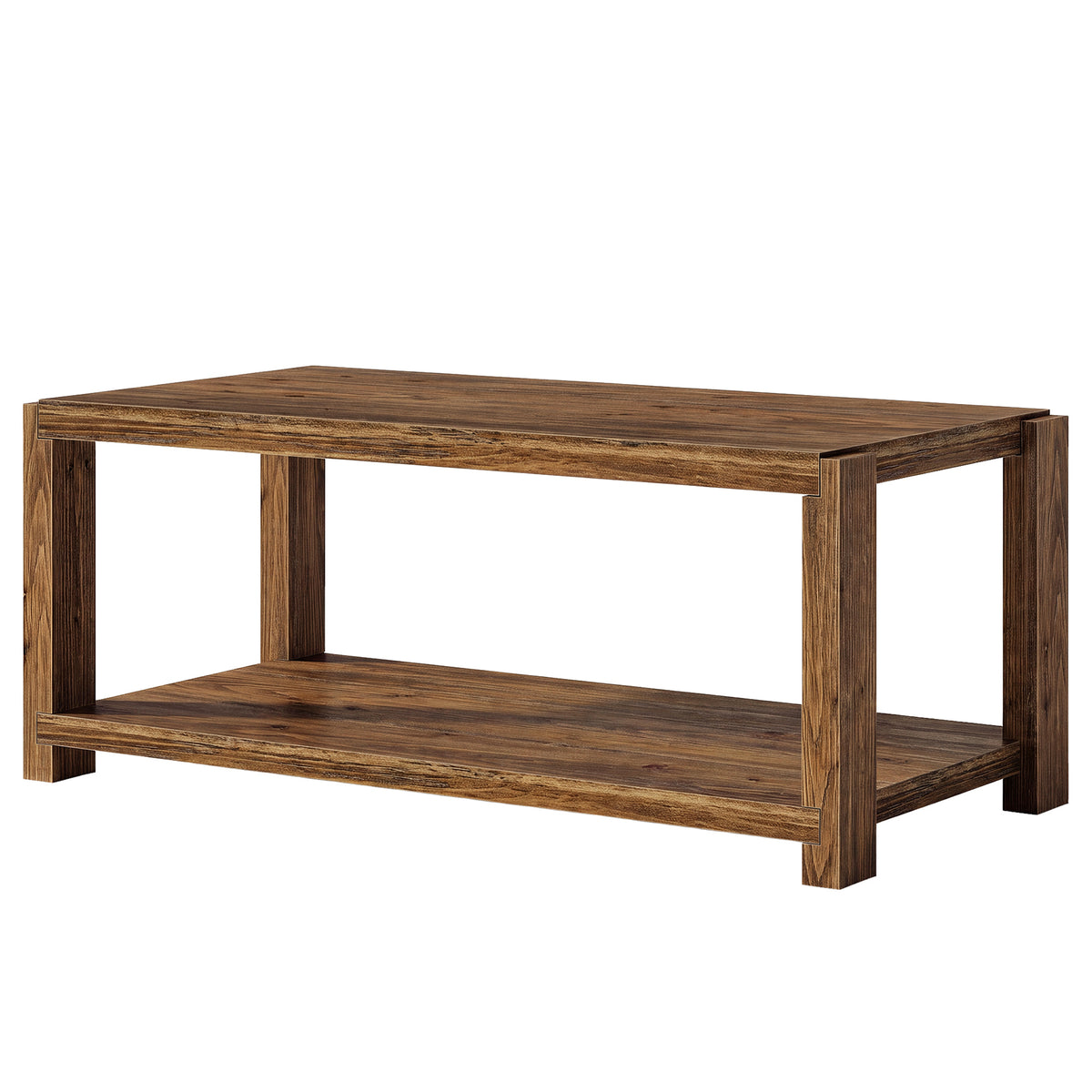 47" Farmhouse Solid Wood Coffee Table, Rectangular Cocktail Table with 2-Tier Open Shelf