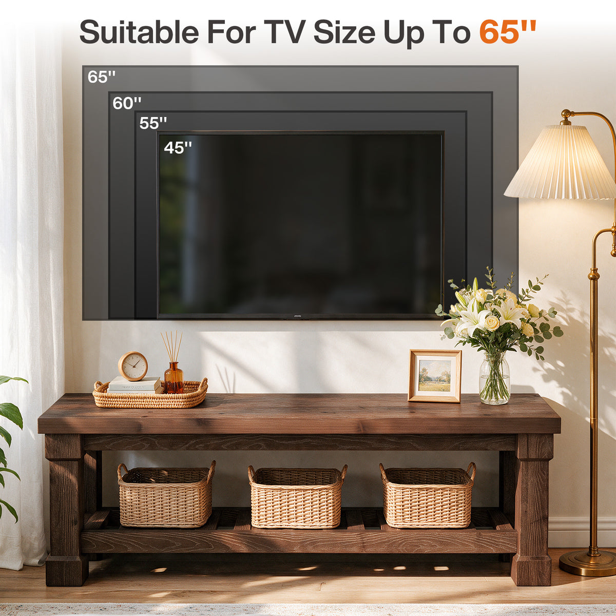 59" Solid Wood TV Stand for TVs Up to 65", Farmhouse TV Console Table with Storage