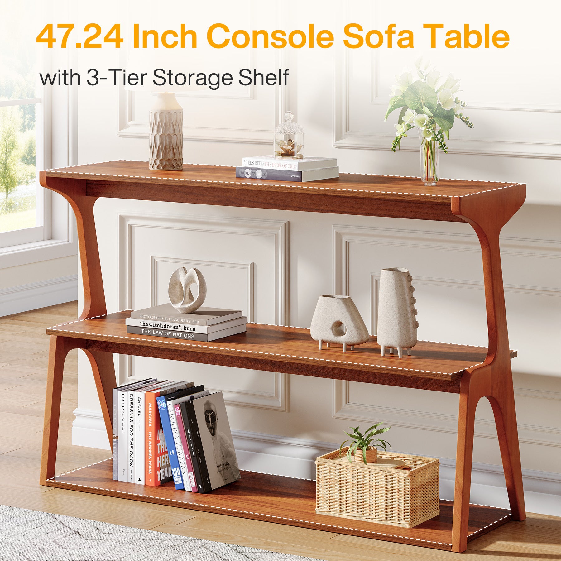 3-Tier Console Table, 47" Narrow Entryway Sofa Table with Solid Wood Legs