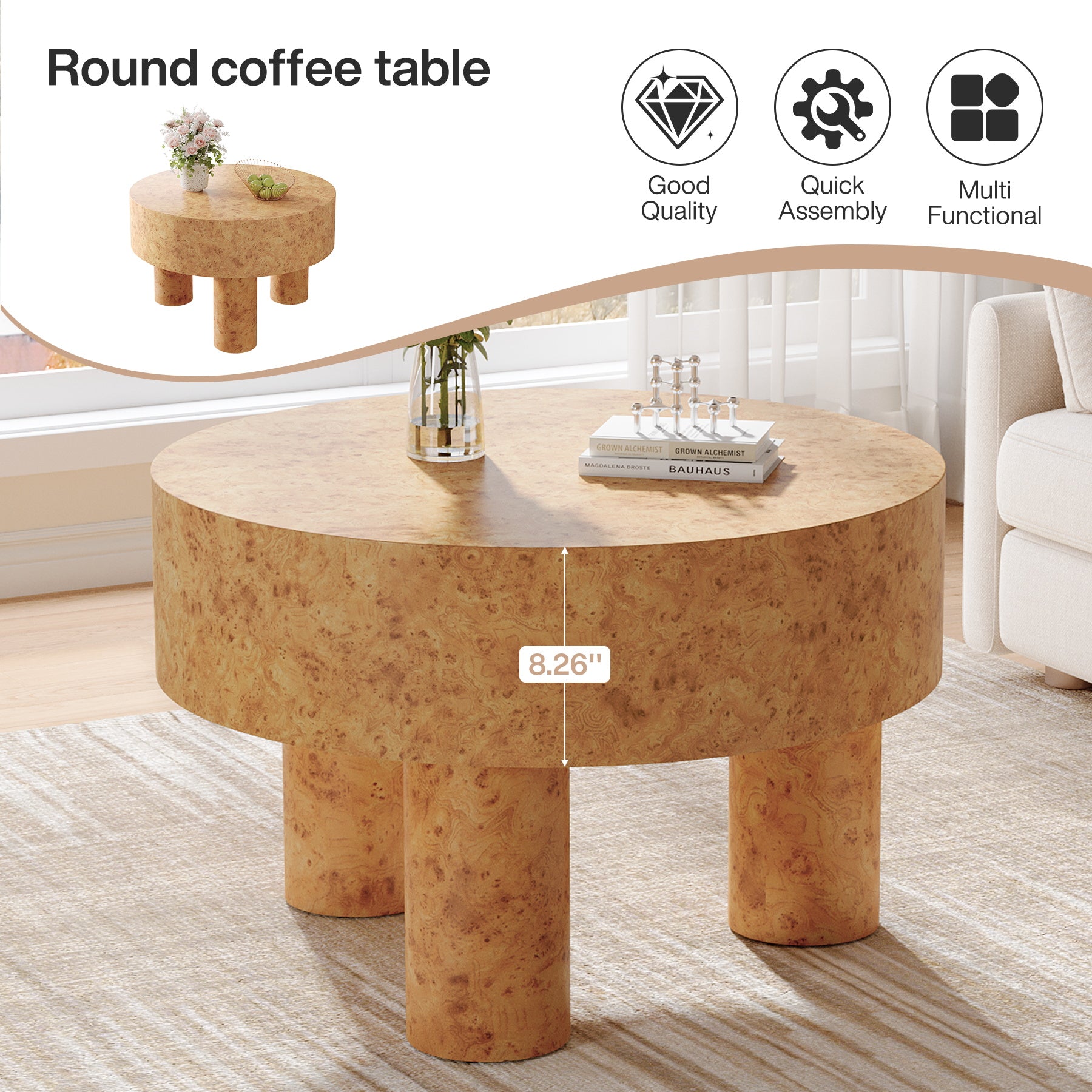 31.5" Round Coffee Table, Modern Circle Center Tea Table with Burl Texture