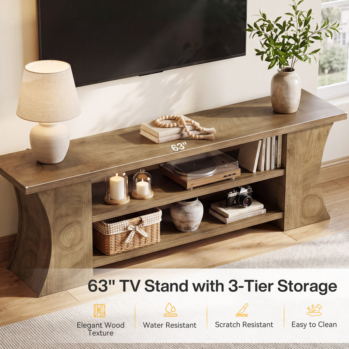 63" TV Stand for 75" TVs, Entertainment Center with 3-Tier Storage & Curved Legs