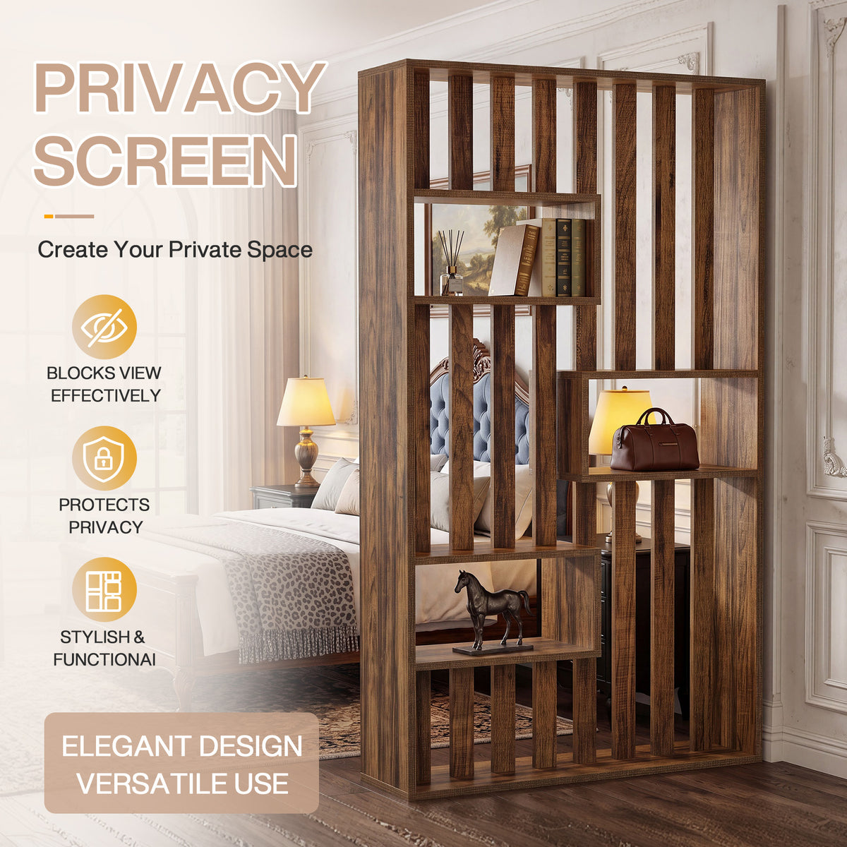 71" Wall Room Divider with Built-in Shelves for Room Separation, Freestanding Slatted Partition