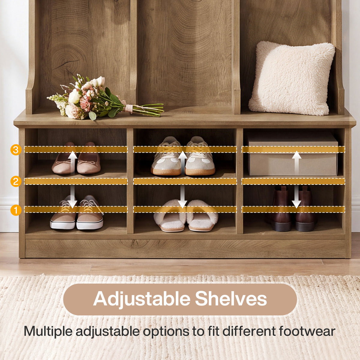3-in-1 Hall Tree with Shoe Bench and Storage, 70.9" Entryway Coat Rack with 6 Double Hooks