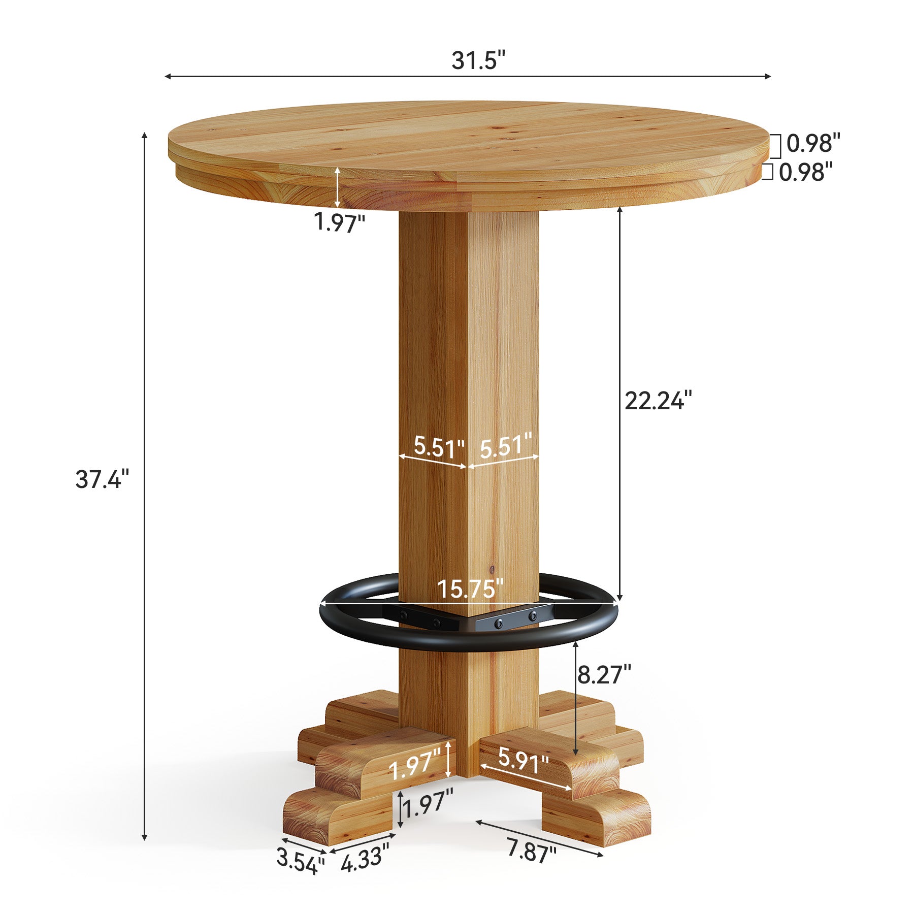 Solid Wood Round Bar Table, 37.4" H Bistro Pub Table with Metal Footrest