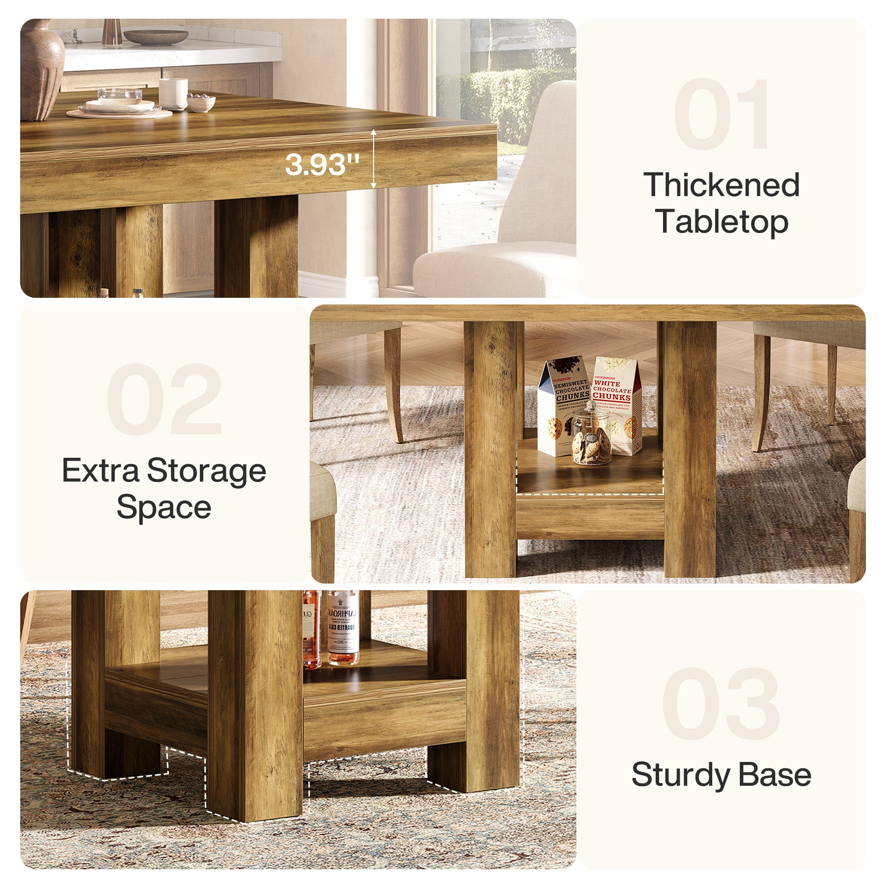 Square Dining Table, 39" Kitchen Dinner Table with Storage Shelf for 2-4