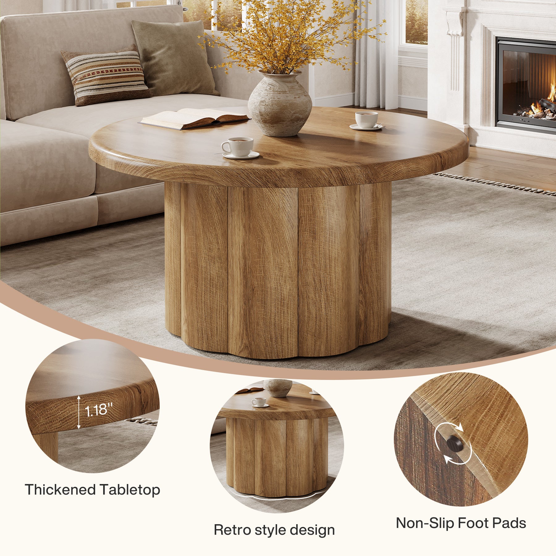 31.5" Round Coffee Table, Farmhouse Center Table with Fluted Drum Base