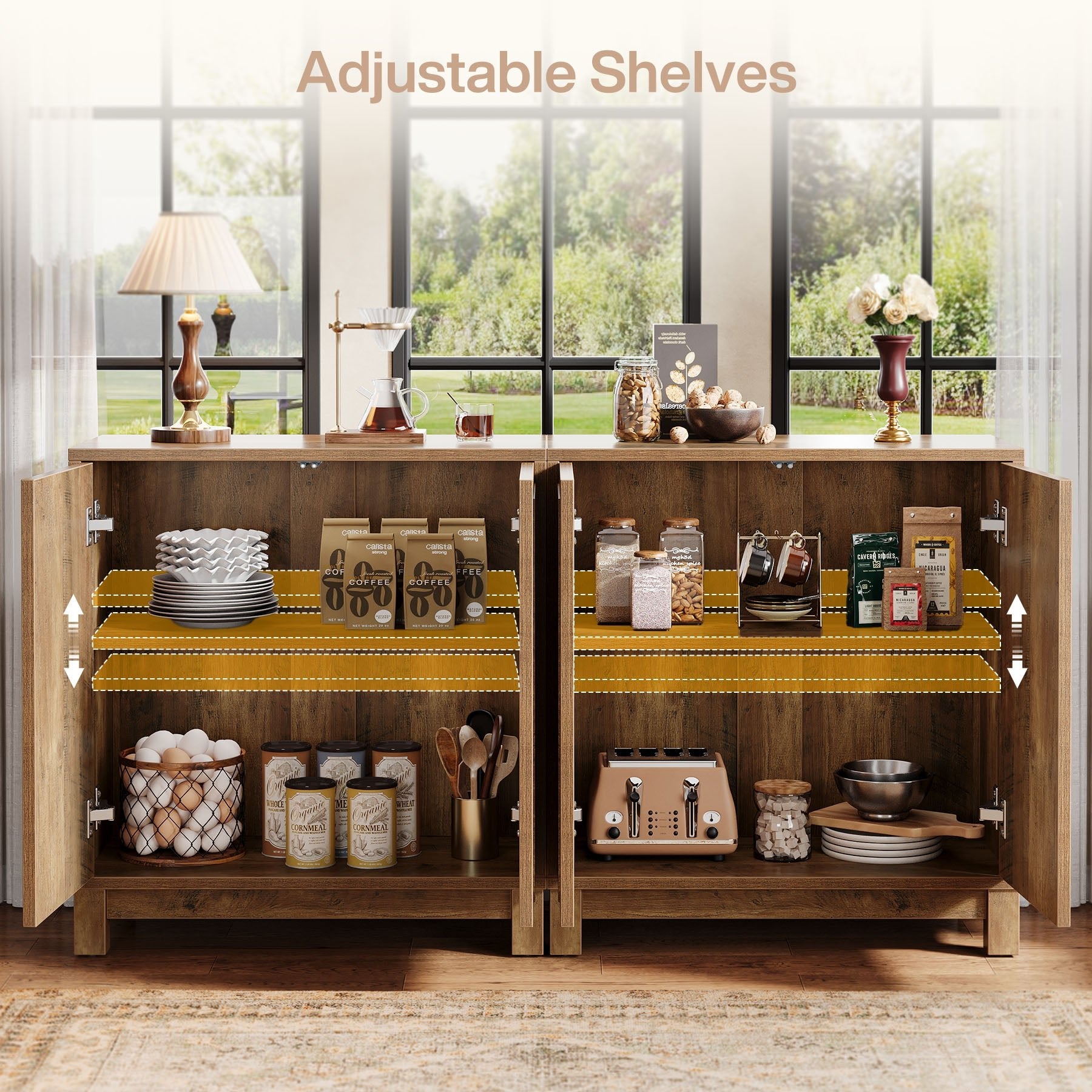 Fluted Sideboard Buffet Cabinet with Adjustable Shelves & 4 Push-Spring Doors