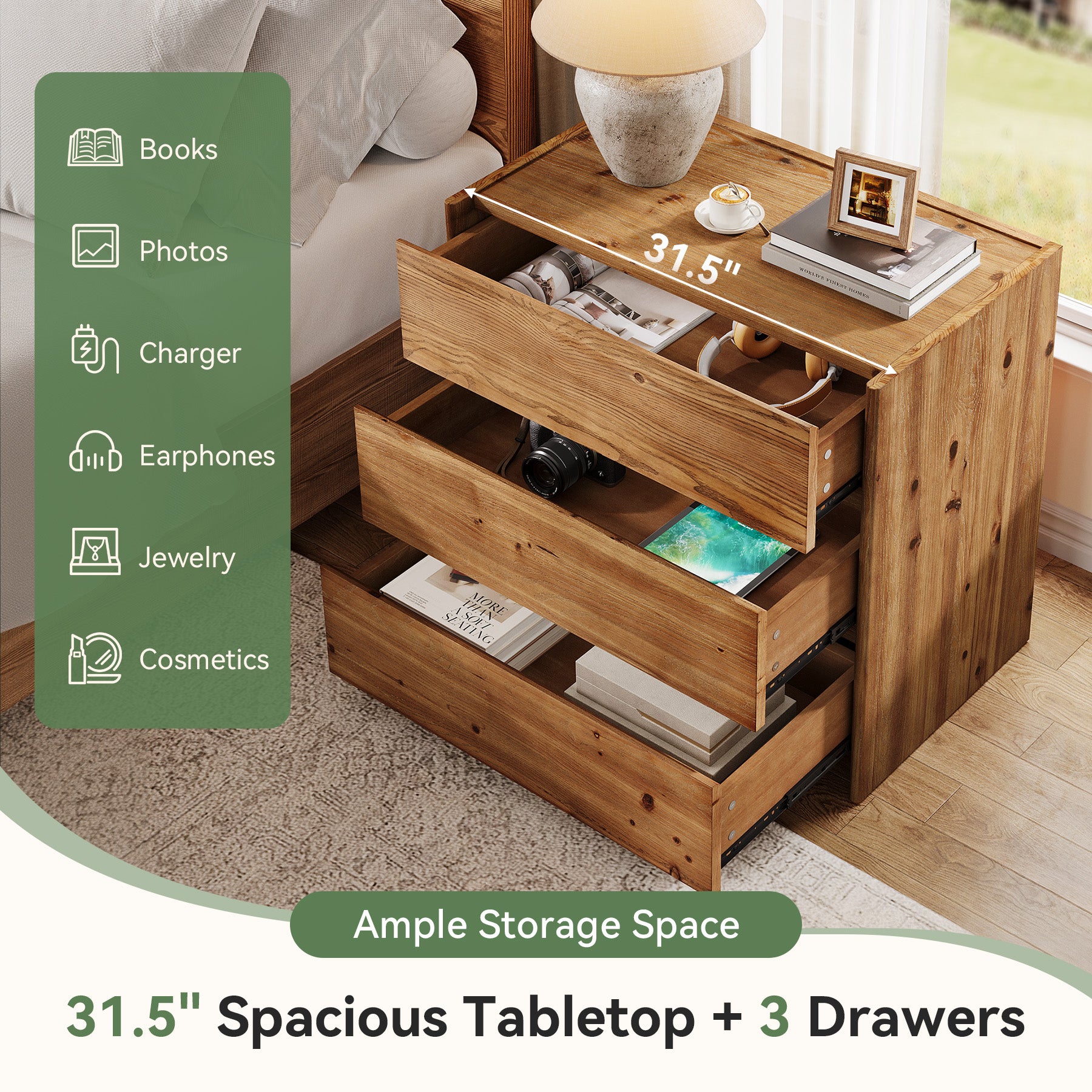 Oversized Solid Wood Nightstand, 31.5" Wide Bedside Table with 3 Drawers