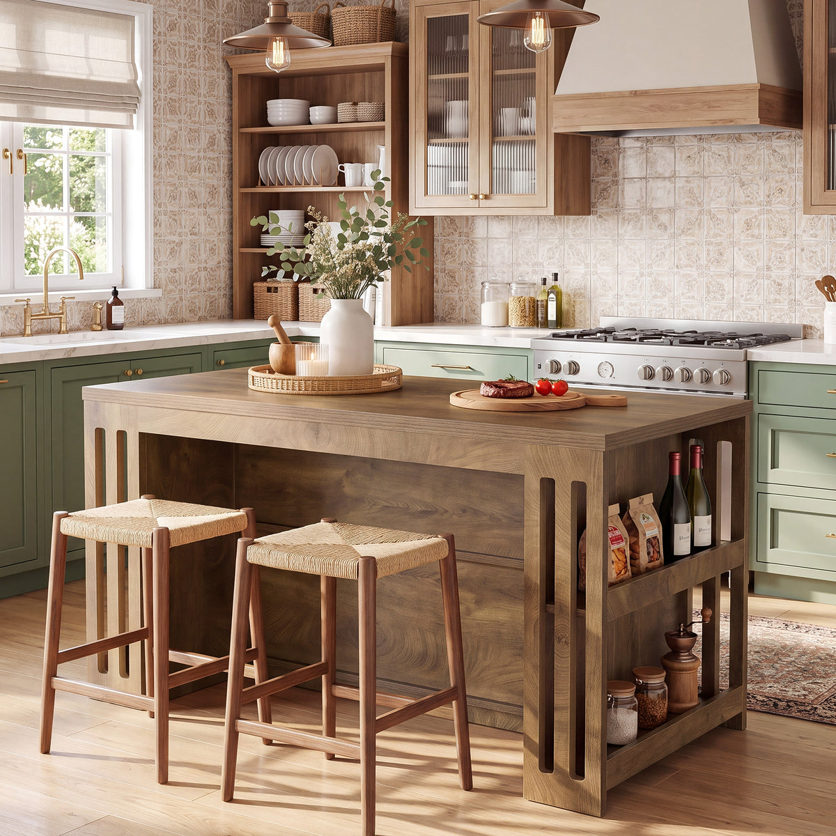 63" Farmhouse Kitchen Island with Storage Shelves, Counter Height Island Table