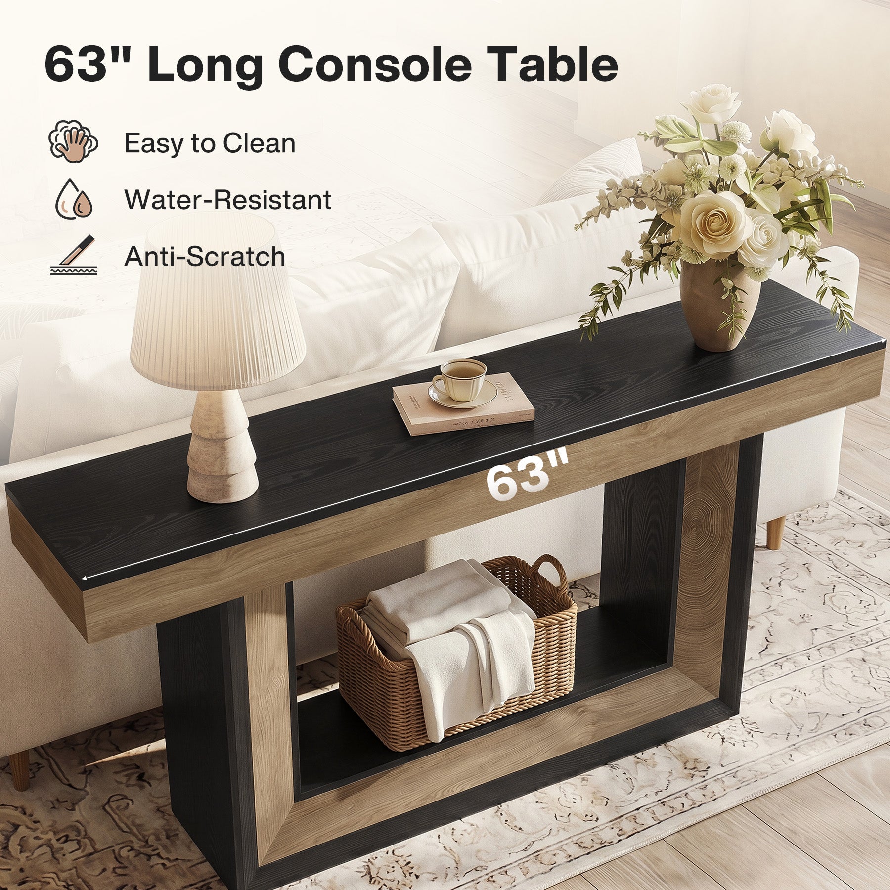 63" Console Table with U-Shaped Base, 2-Tier Narrow Sofa Table for Entryway