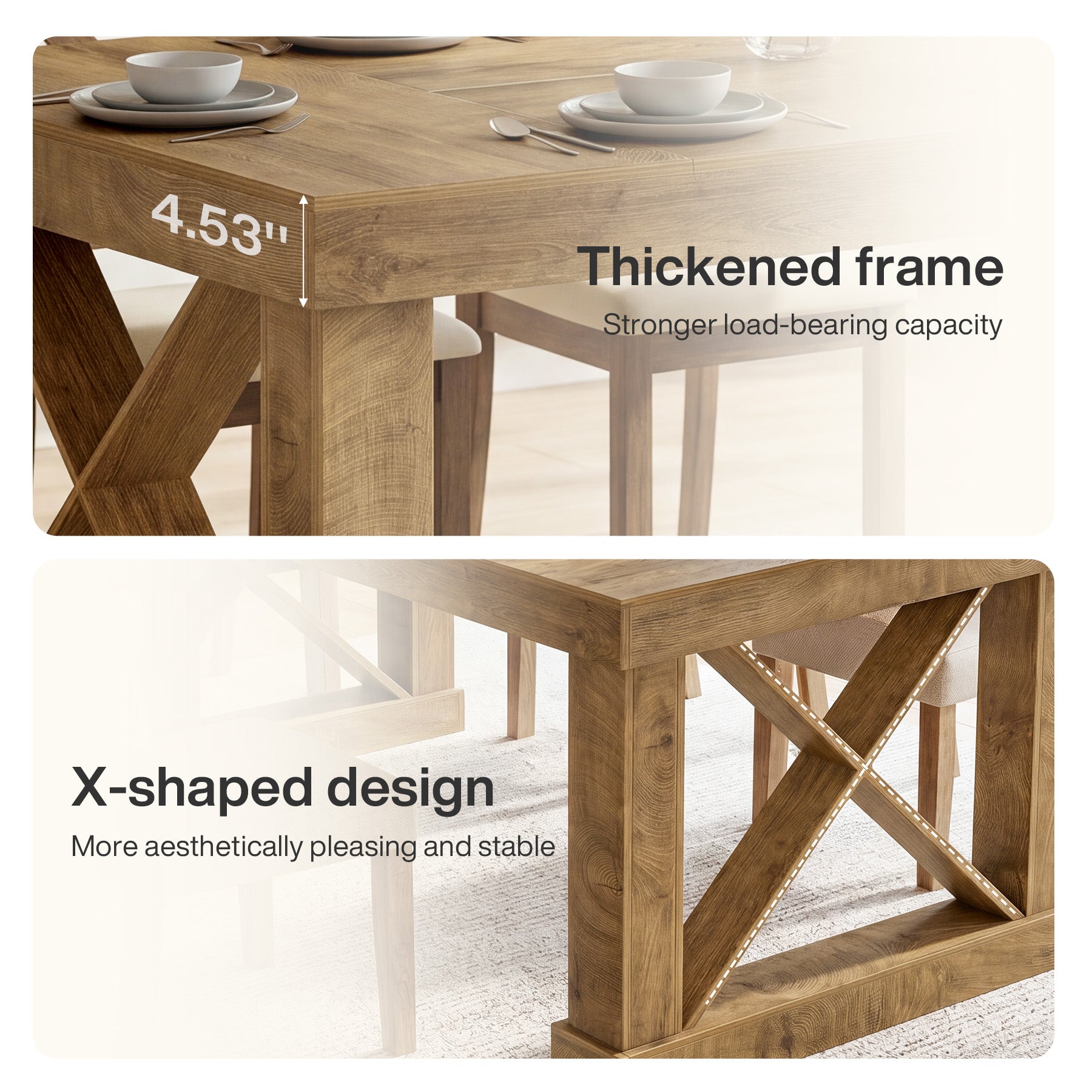 63" Farmhouse Dining Table for 4-6 People, Rectangular Wood Kitchen Table with Heavy-Duty X Legs