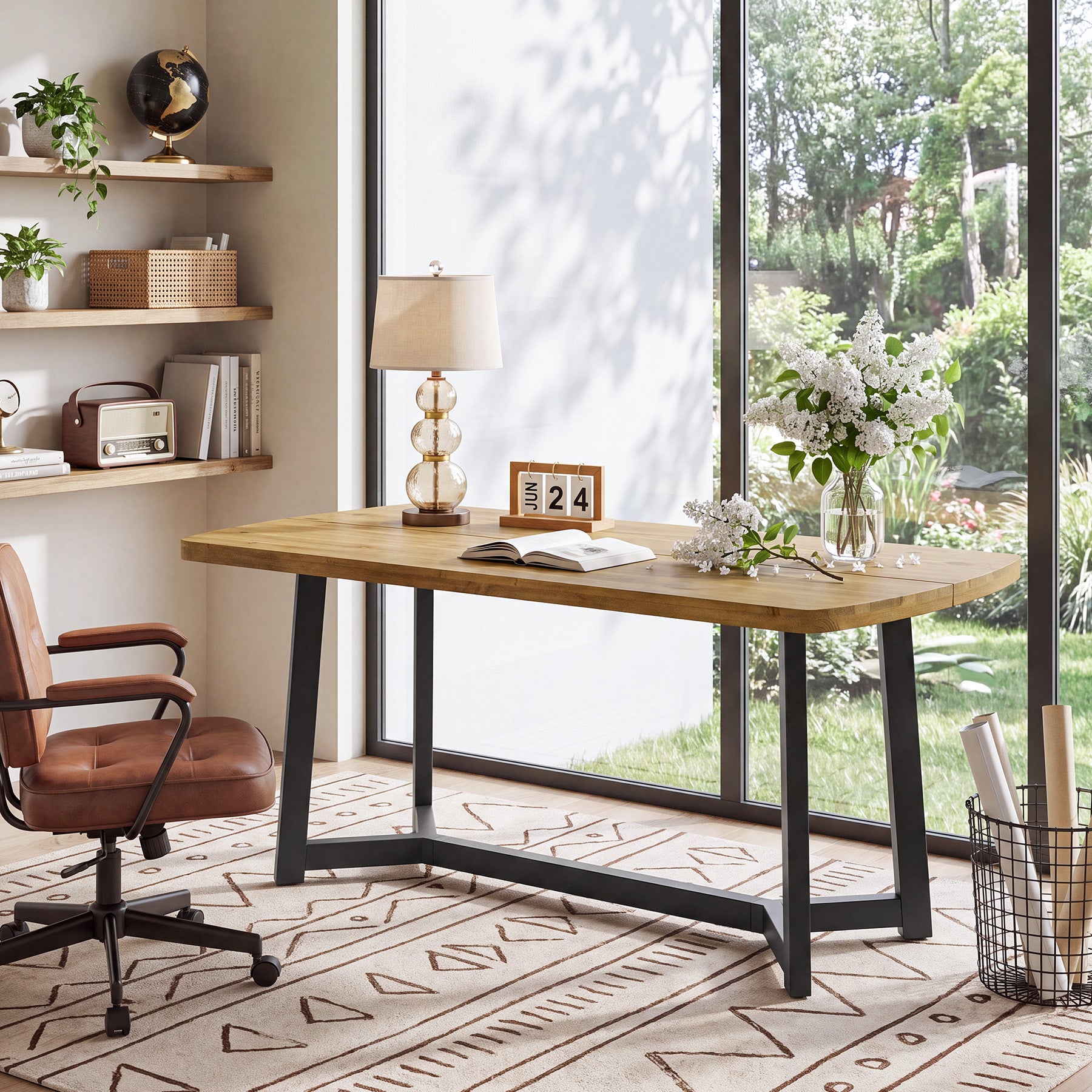 63" Modern Executive Desk, Solid Pine Wood Computer Desk for Home Office