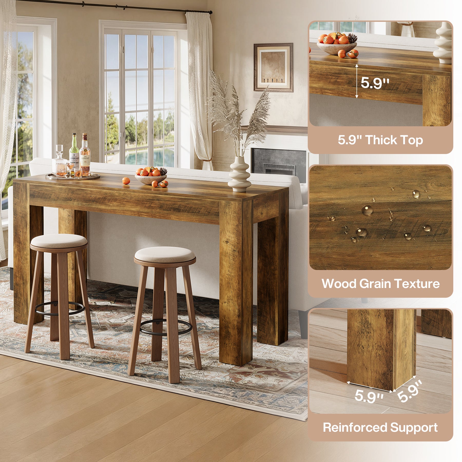 63" Long Bar Table, Rectangular Counter Height Pub Table with Sturdy Legs