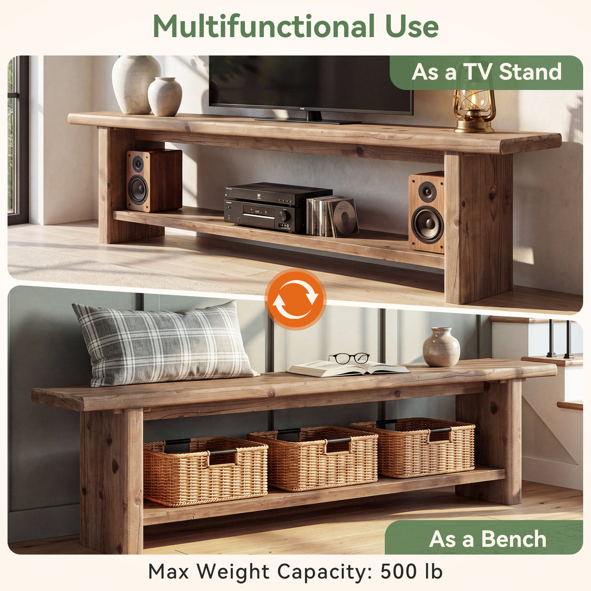71" Solid Wood TV Stand for 85" TV, 2-Tier Farmhouse Entertainment Center with Storage