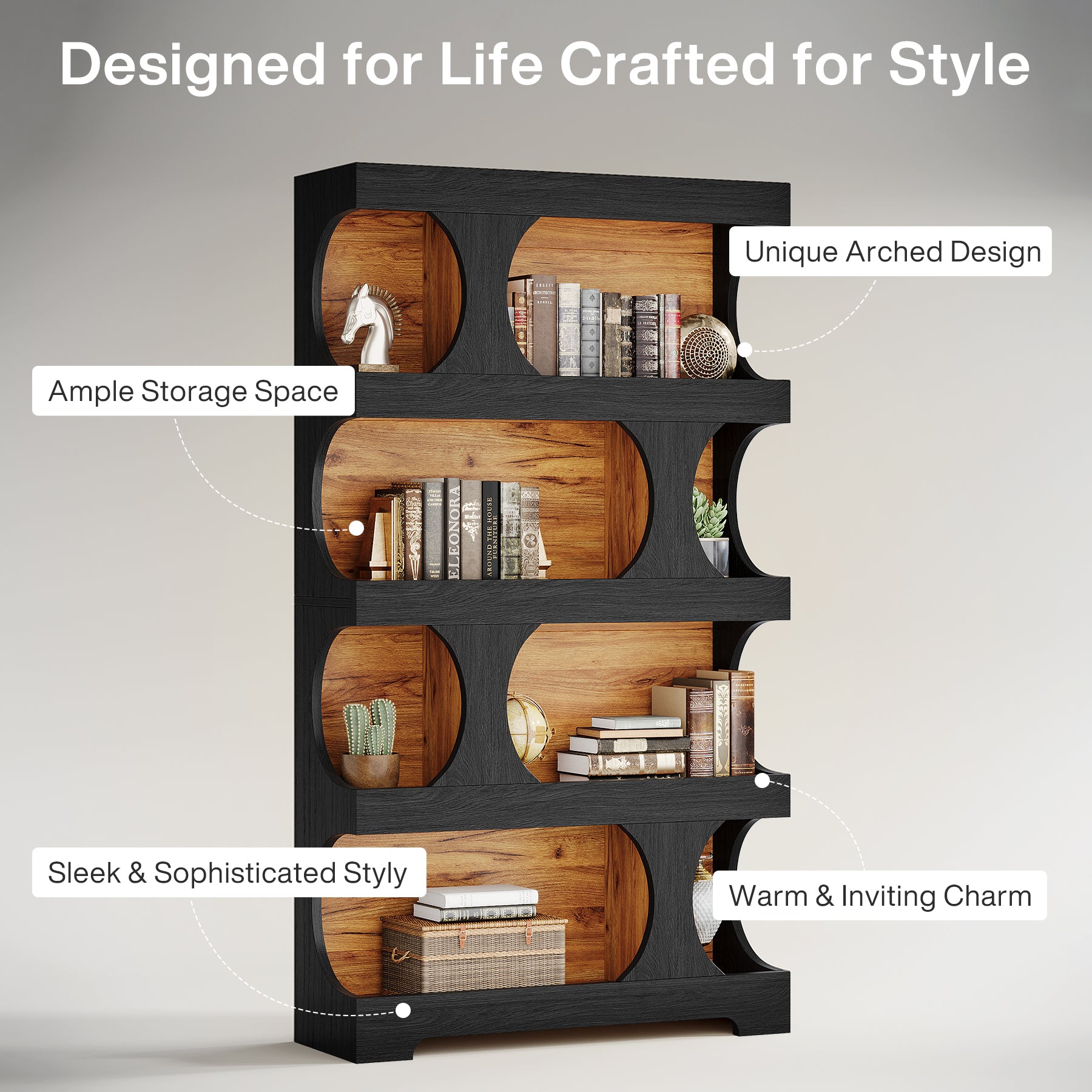 71" Bookcase, Modern Asymmetrical Bookshelf 4-Tier Display Shelf