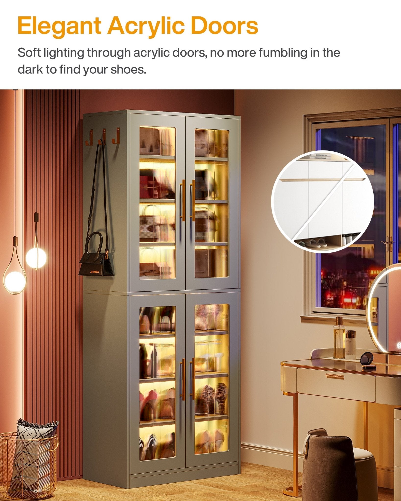 66.9" Tall Shoe Storage Cabinet, 8-Tier Entryway Shoe Organizer Rack with Acrylic Doors and LED Lights