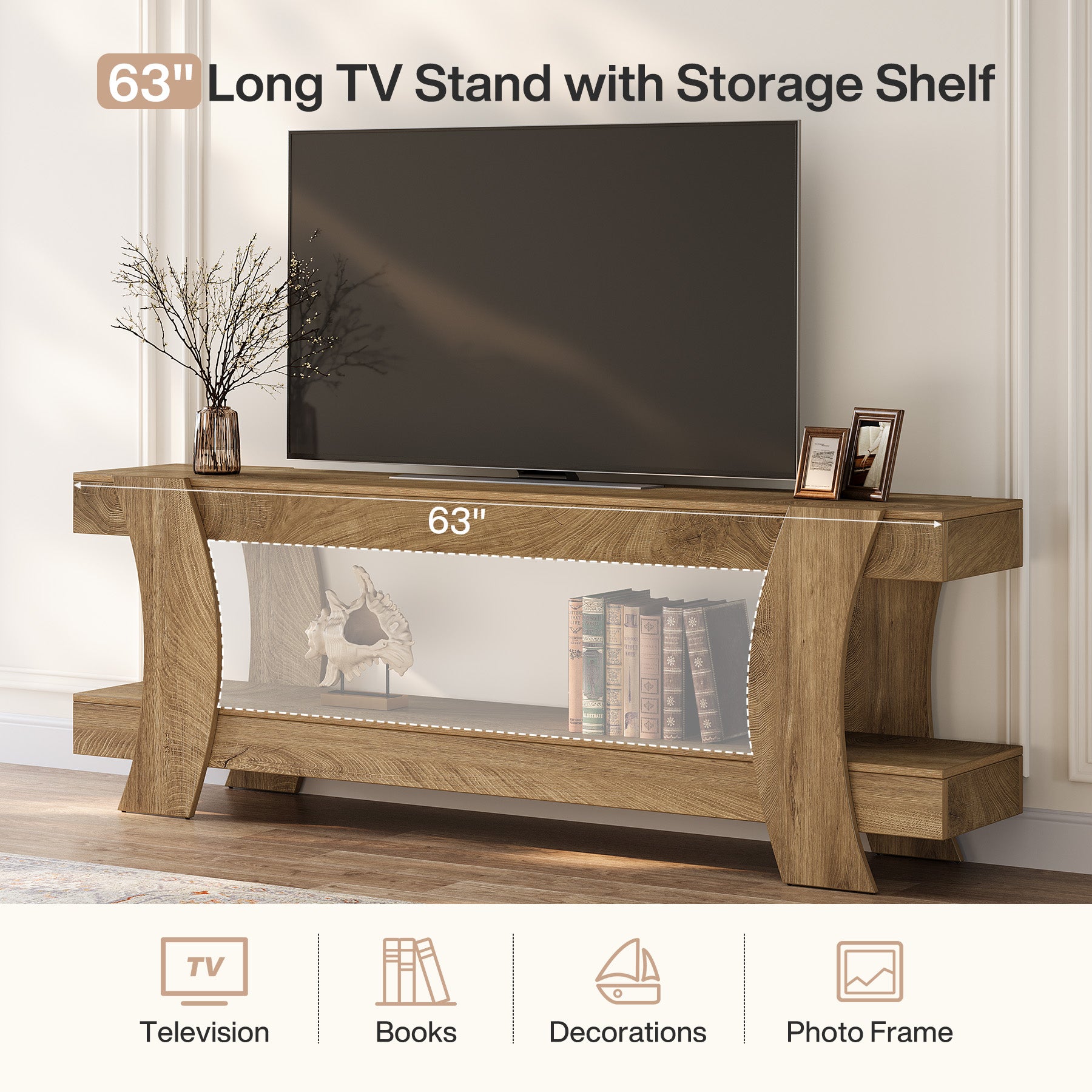 63" TV Stand with Storage, 2-Tier TV Console Entertainment Center for 70" TVs