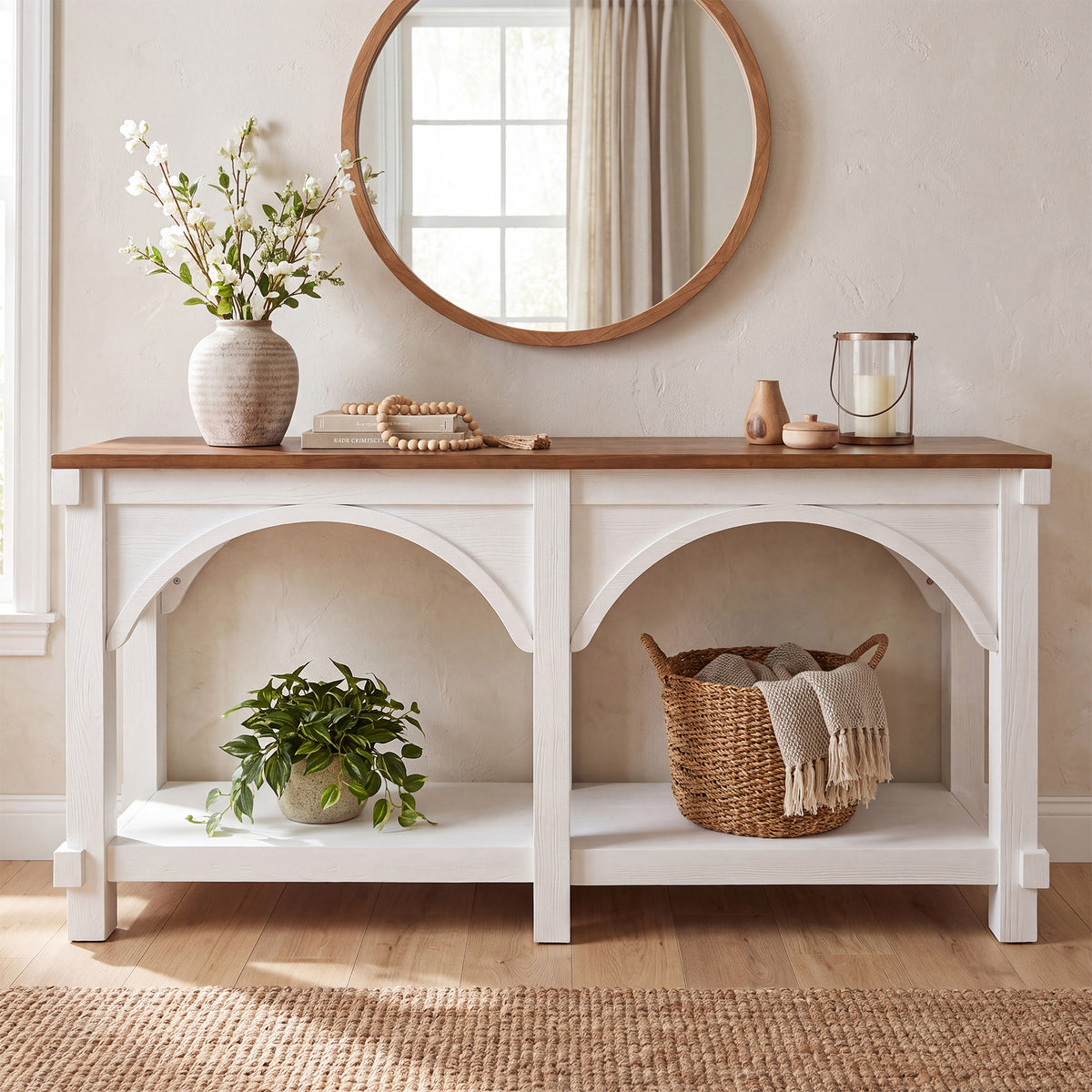 63" Solid Wood Console Table, 2-Tier Sofa Table with Storage Shelves for Entryway
