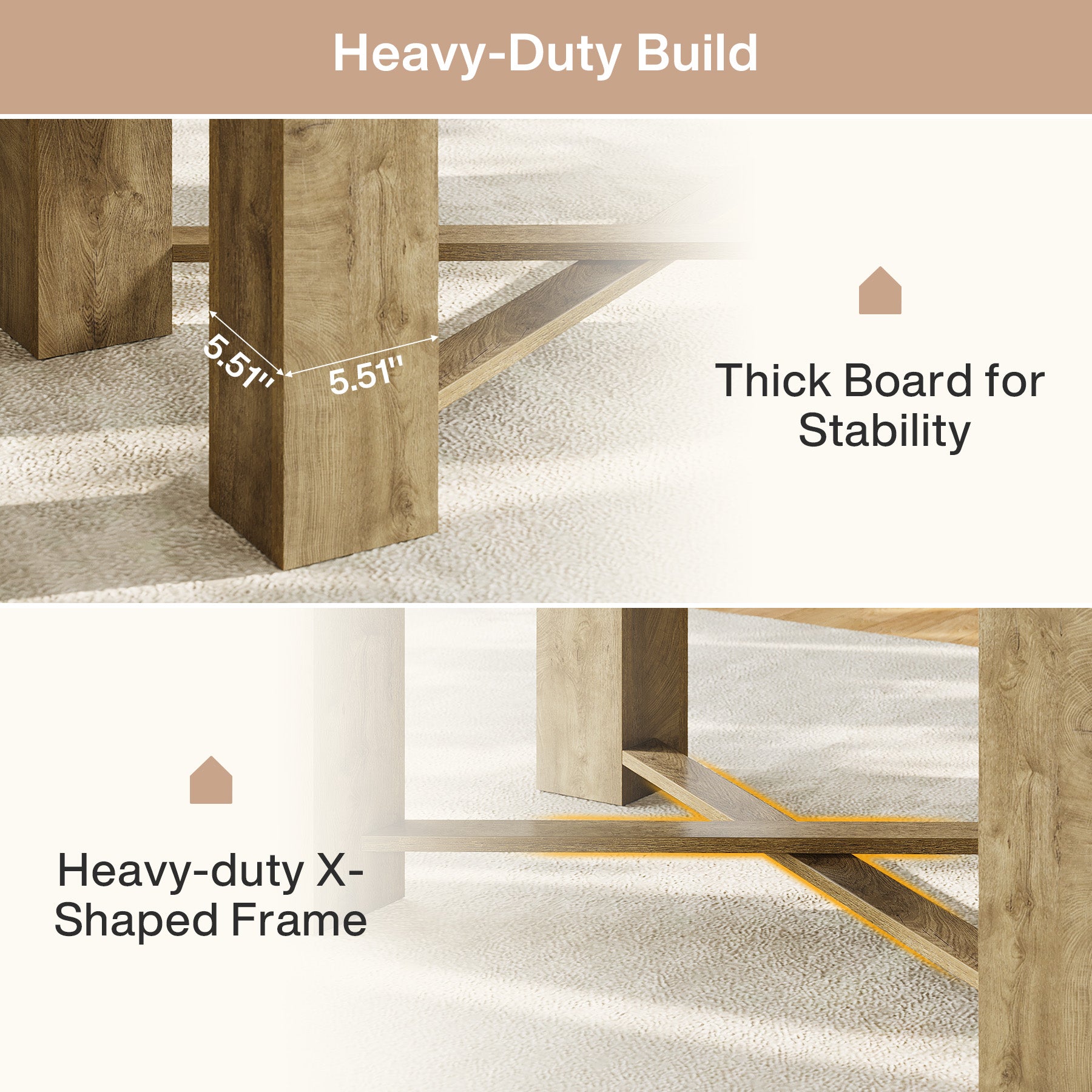 55 Inch Kitchen Island Table Counter Height, Farmhouse Prep Table with Thick Wood Top