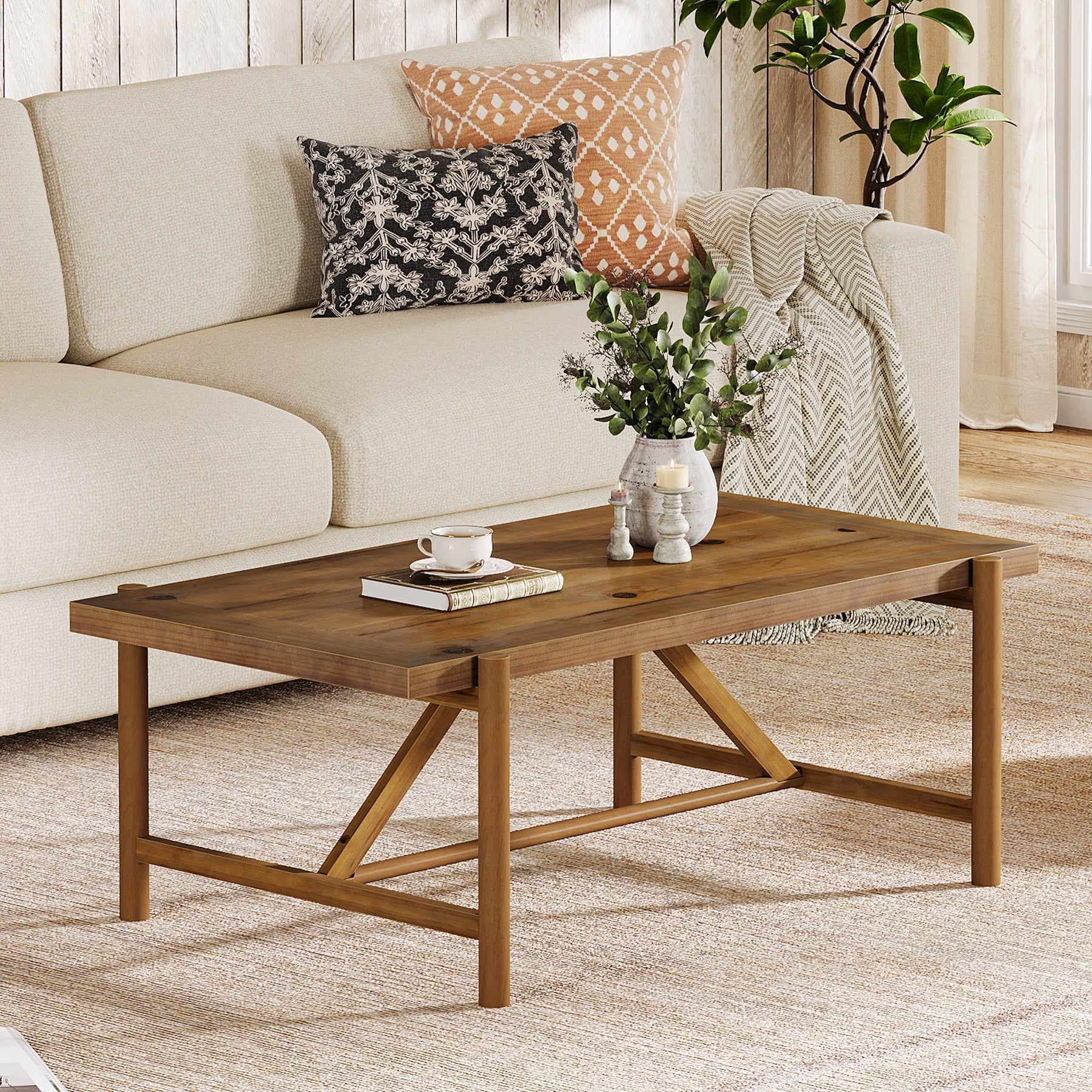 47" Solid Wood Coffee Table, Rectangular Center Tea Table with Column Legs