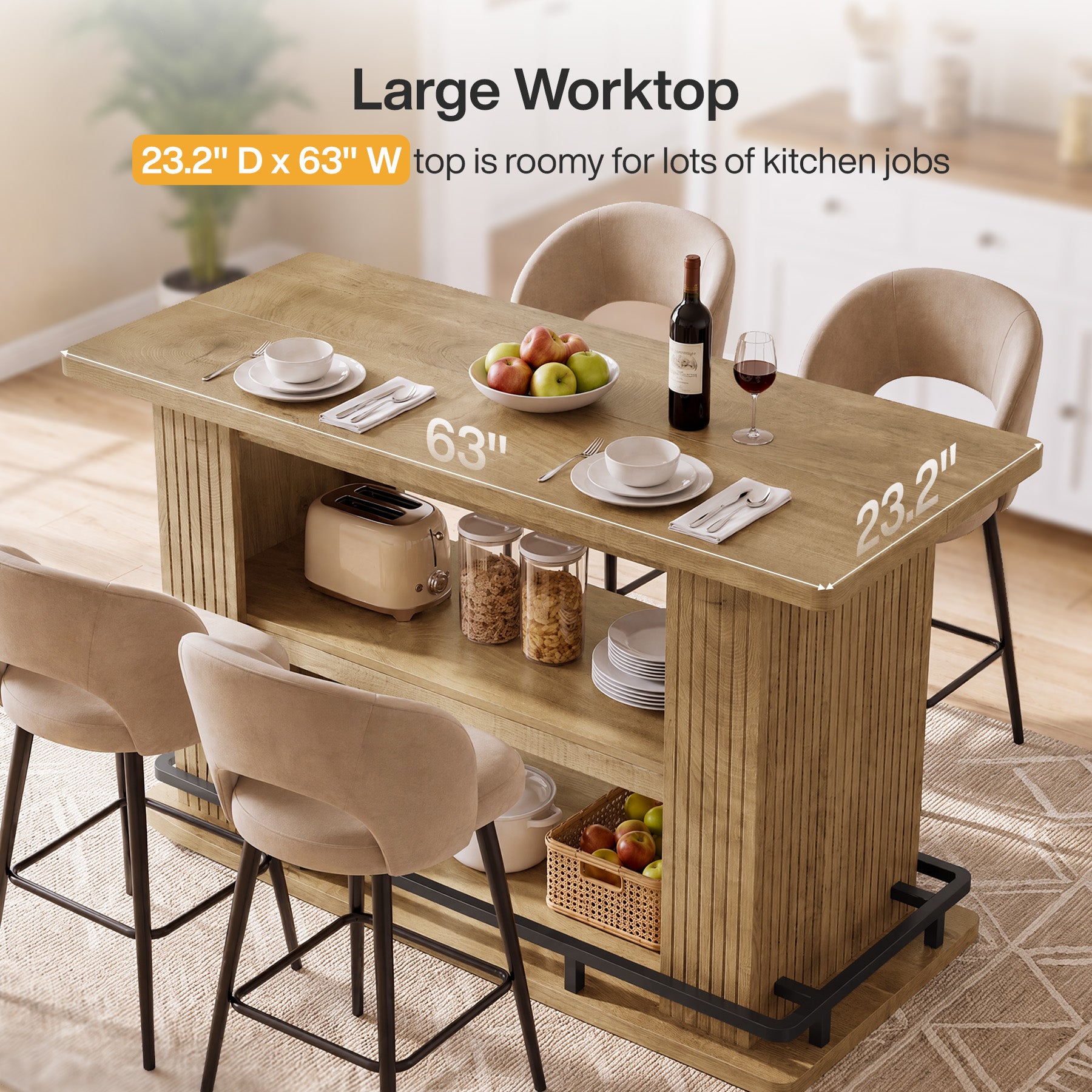 63" Kitchen Island, Stationary Island Table with Shelves & Metal Footrest for Kitchen