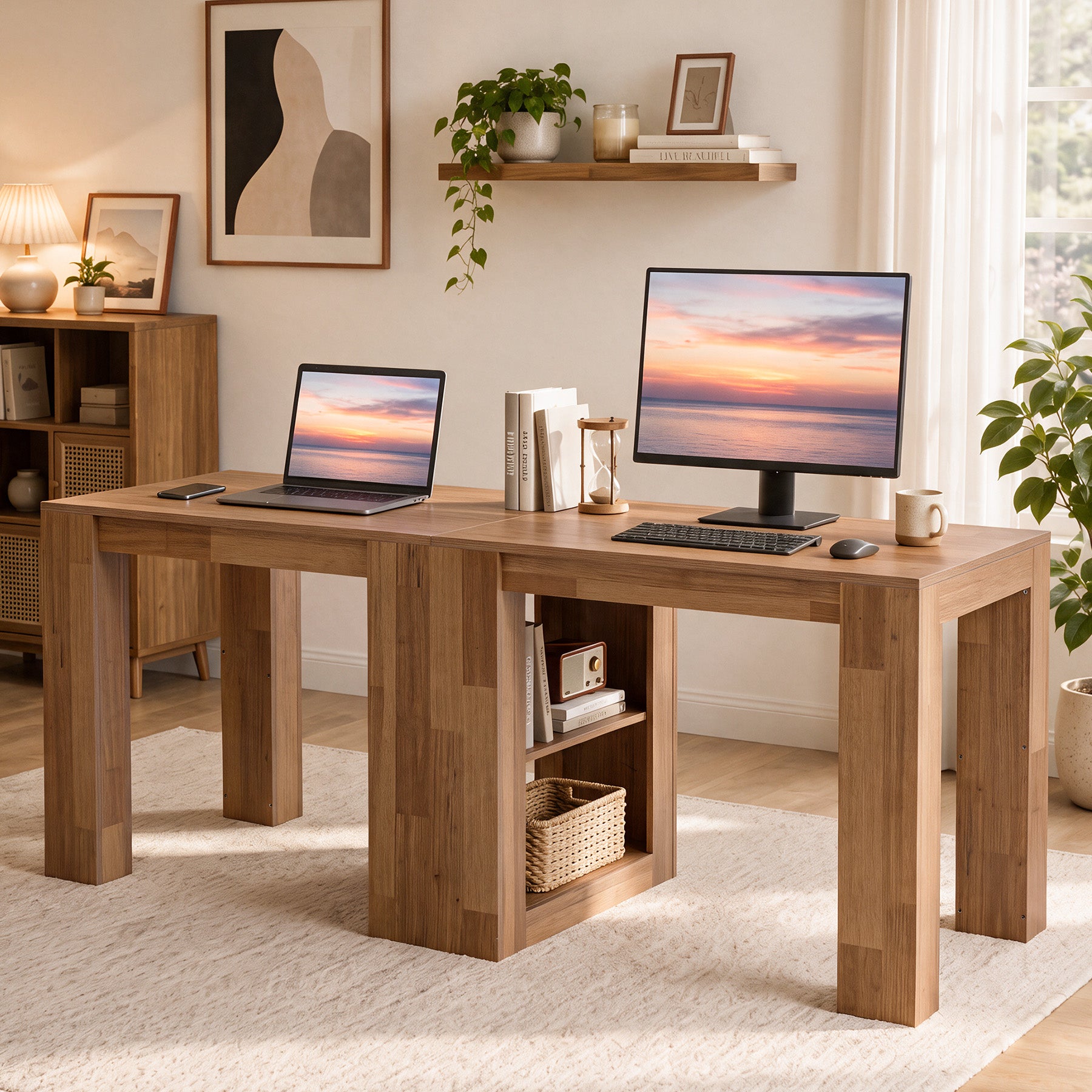 78.7" Two-Person Desk, Extra-Long Computer Desk with Shelves Fits 2 Monitors
