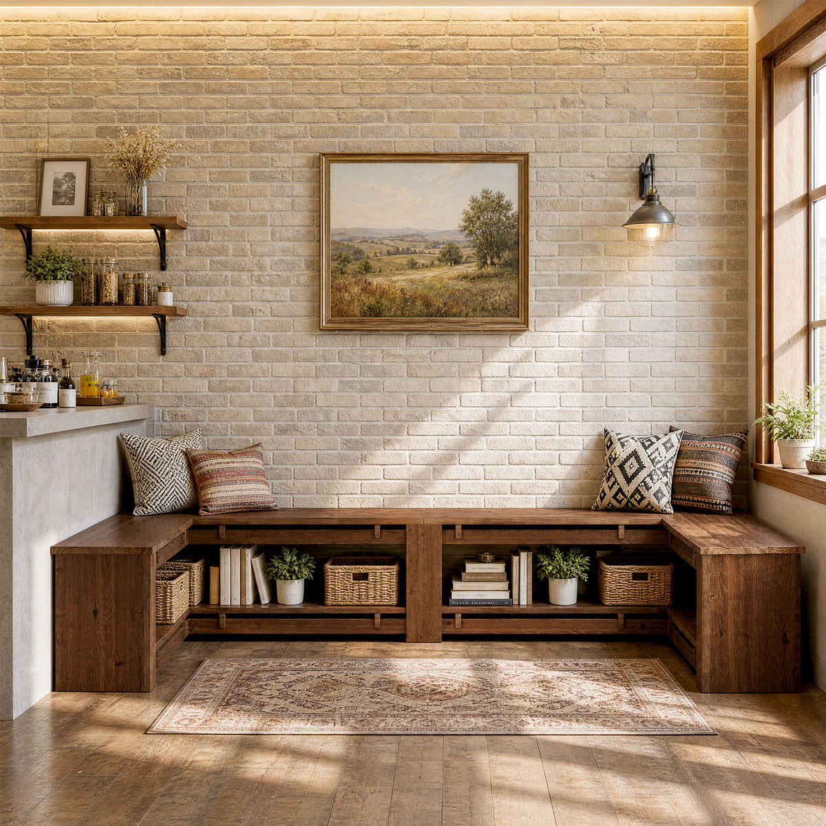 47" L-Shaped Corner Dining Bench, Rustic Solid Wood Breakfast Nook Bench with Shelf