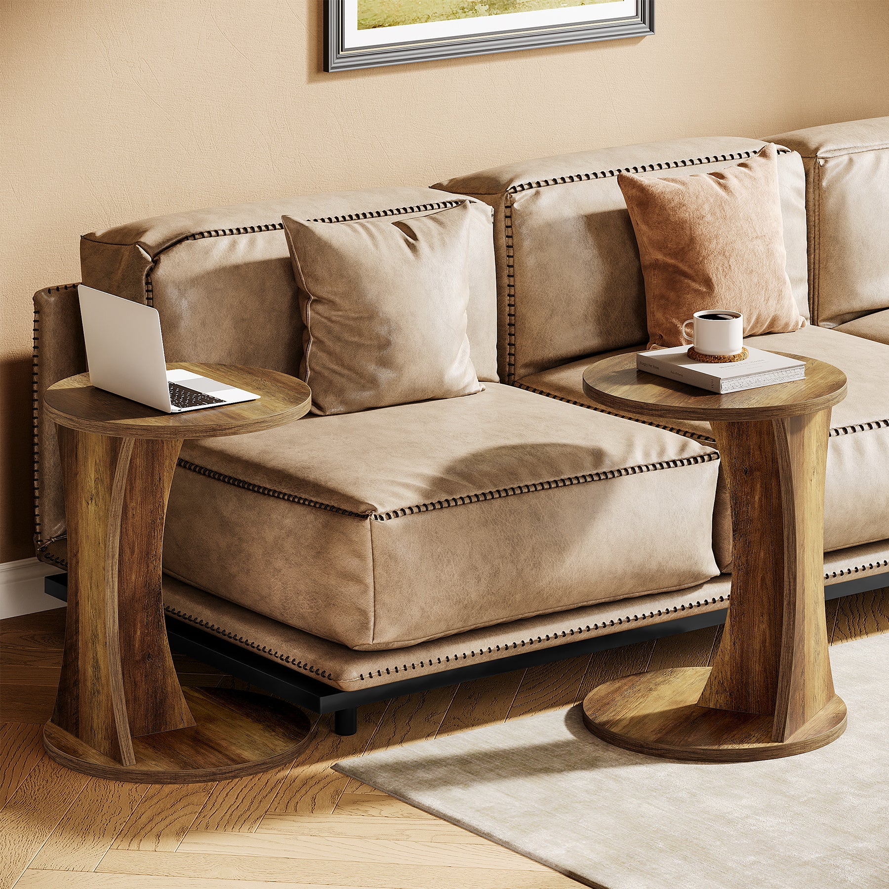 C-Shaped End Table, 2-Tier Round Side Table with Sturdy Base