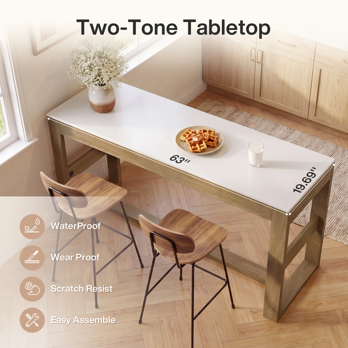 63" Counter Height Pub Table for 4-6, Farmhouse Rectangular Bar Table with White Top