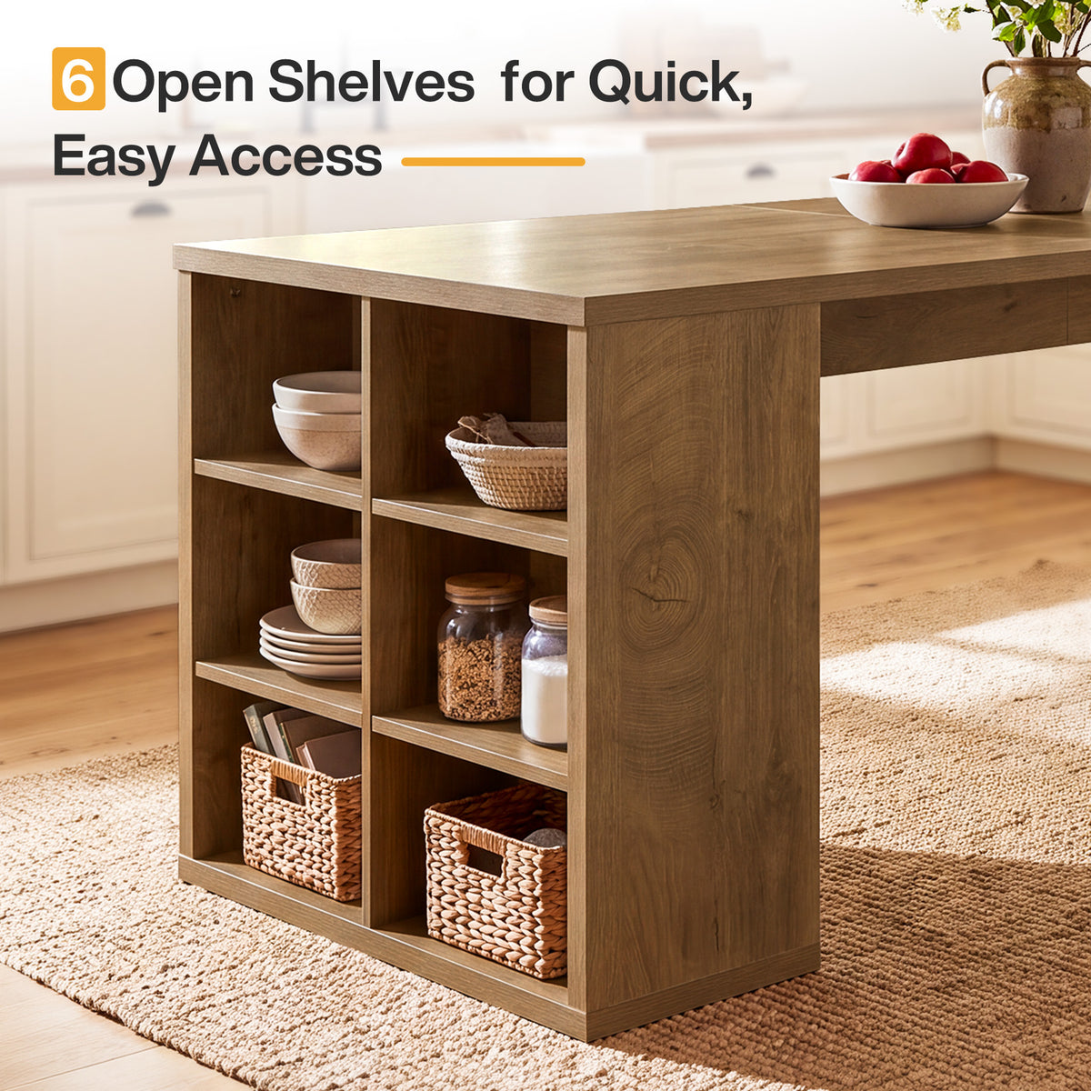 63" Kitchen Island, Rectangular Stationary Storage Island Table with Open-Sided Shelves