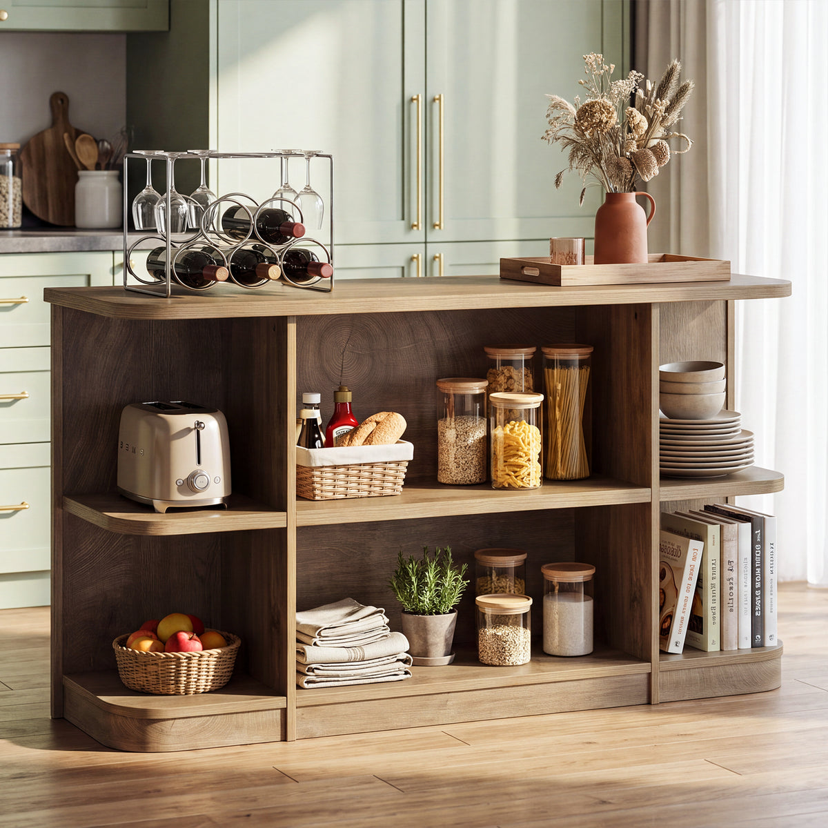 63" Kitchen Island with Storage Shelves & Seating Space, Stationary Island Table