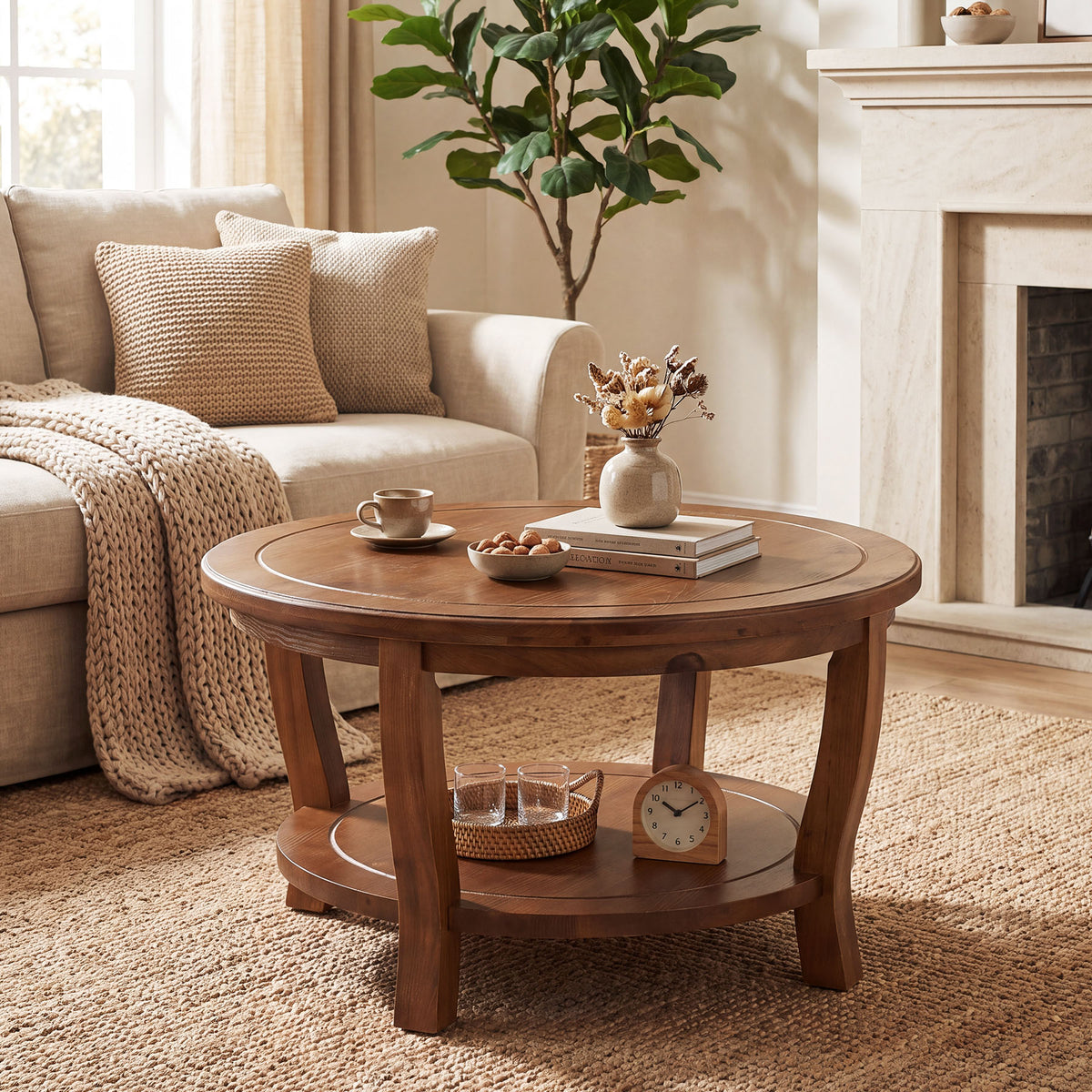 31.5" Round Solid Wood Coffee Table, 2-Tier Farmhouse Center Table with Curved Legs