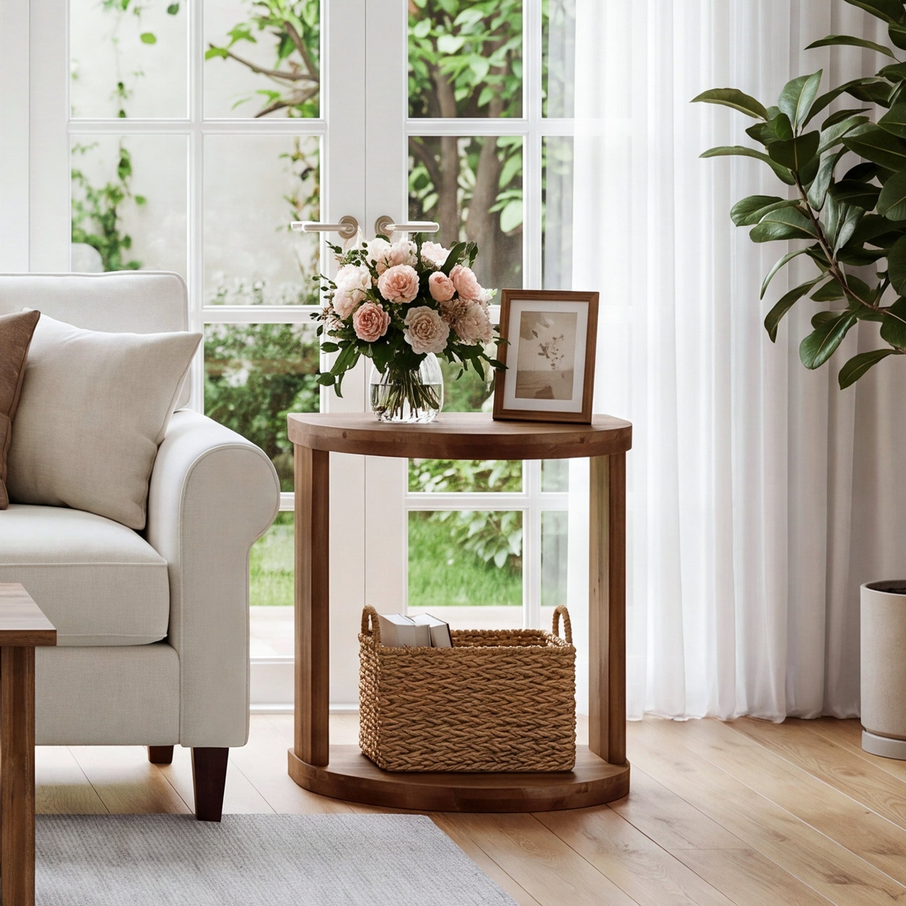 Half Moon End Table with Storage Shelf, Solid Wood Farmhouse Side Table, 2-Tier Shelves, Living Room & Bedroom
