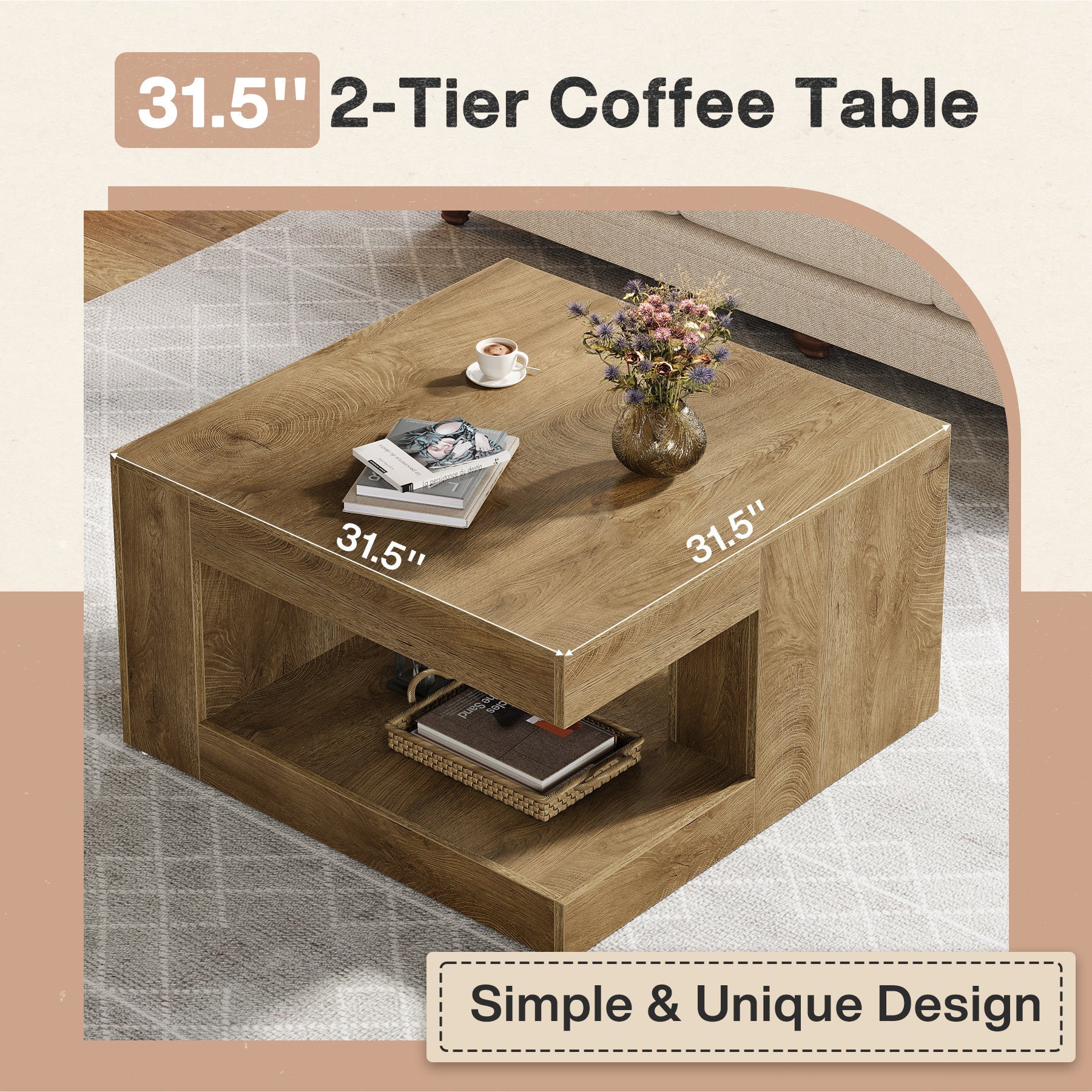 31.5" Square Coffee Table with Storage, 2-Tier Farmhouse Living Room Center Table