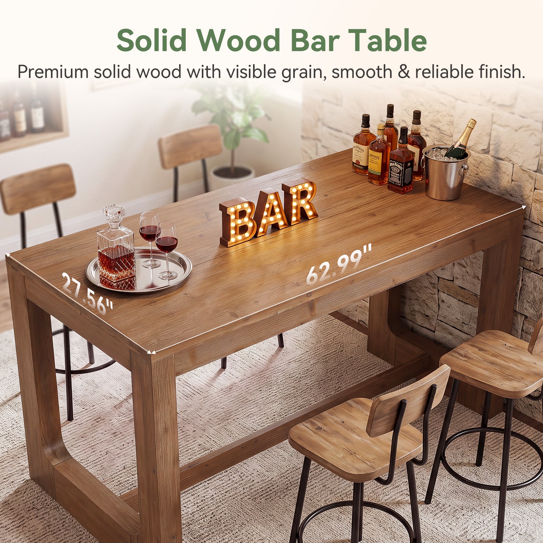 63" Solid Wood Home Bar Table, Counter Height Table with Spacious Tabletop