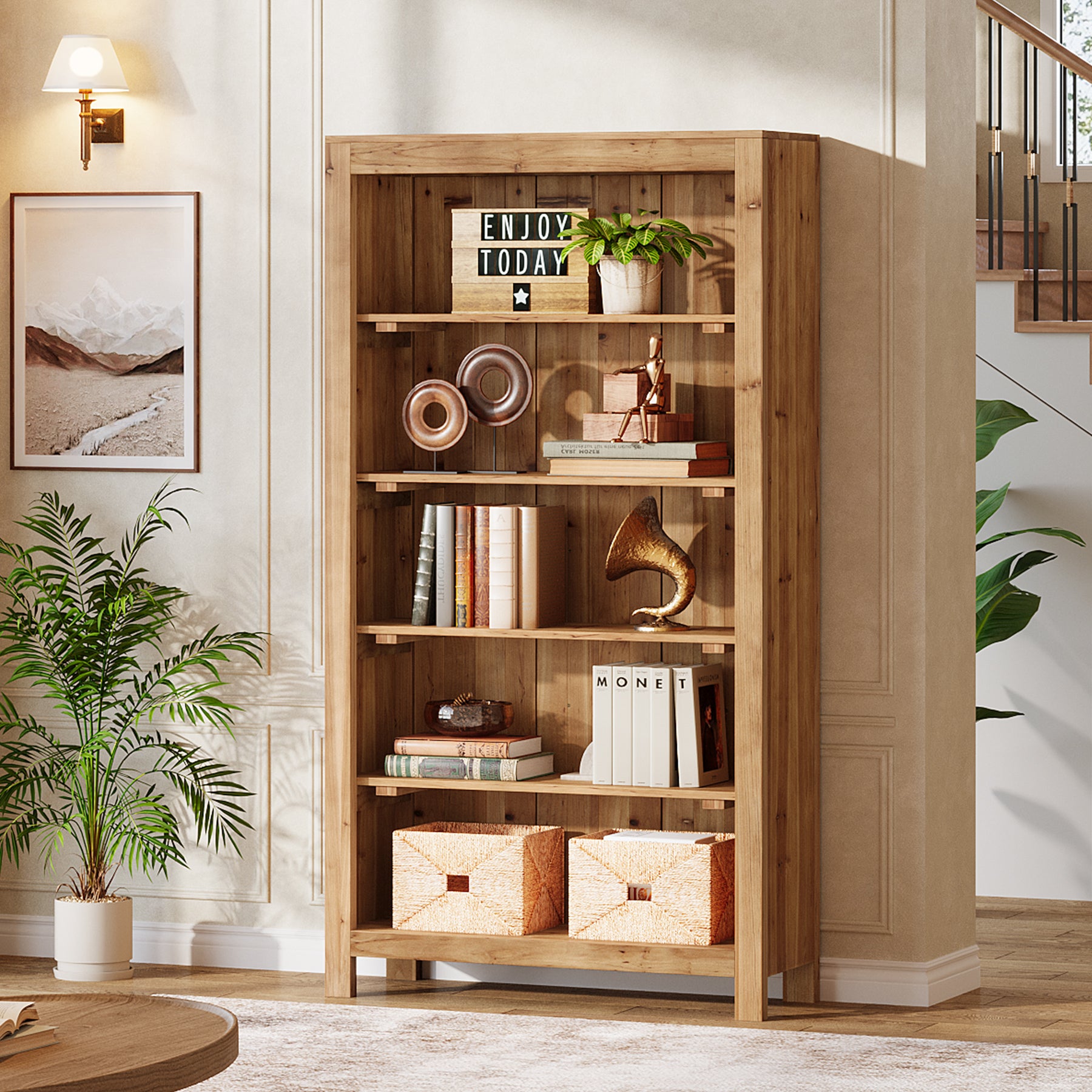Solid Wood Bookcase, 5-Tier Bookshelf Display Storage Shelves
