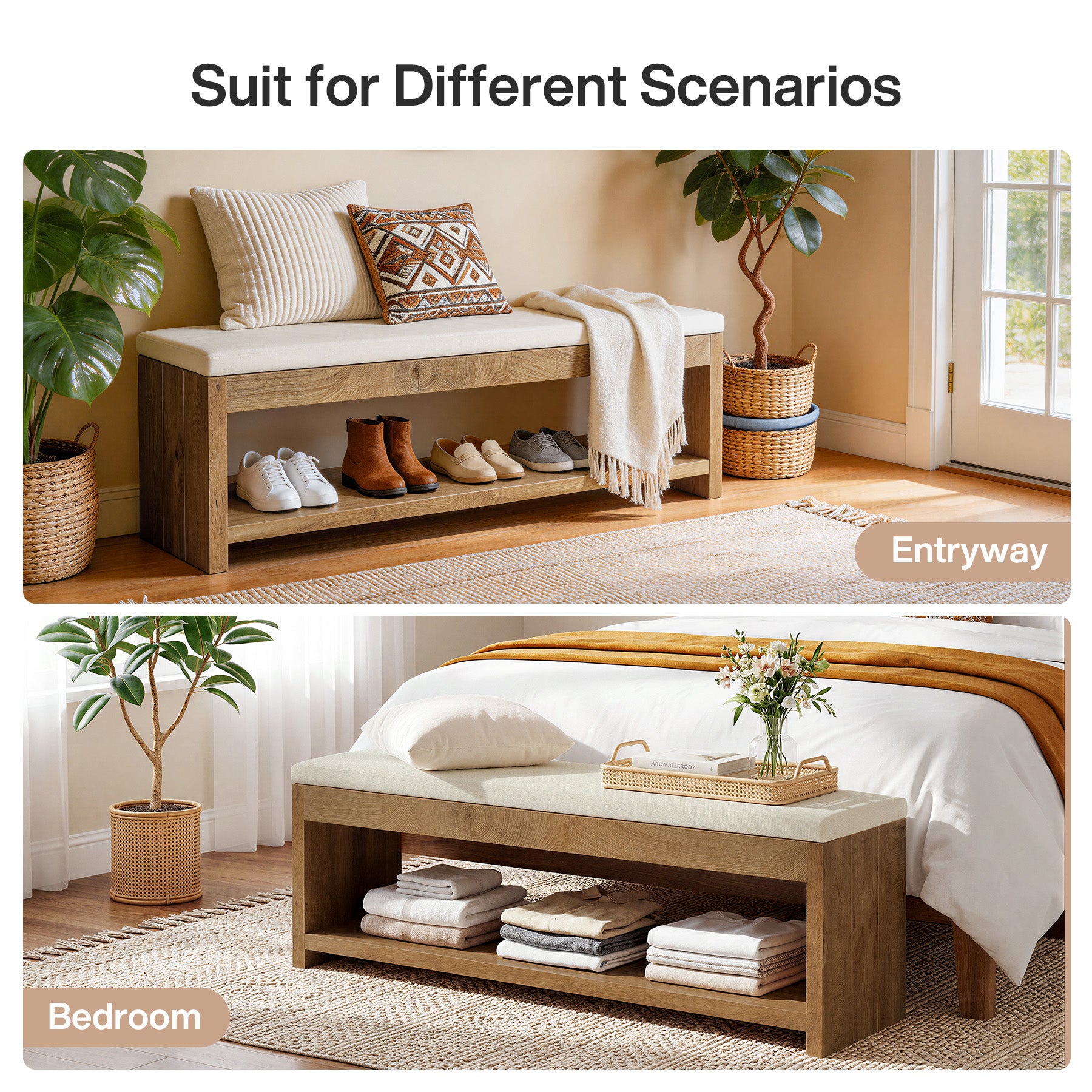Upholstered End of Bed Bench, 55" Wooden Storage Bench with Shoe Rack